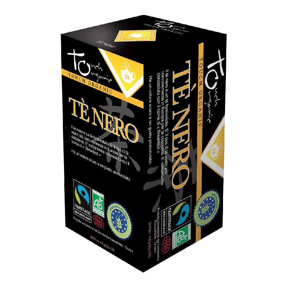 Confezione di tè nero. Loghi Fairtrade e bio. Testo: Tè Nero. Confezione nera e gialla.