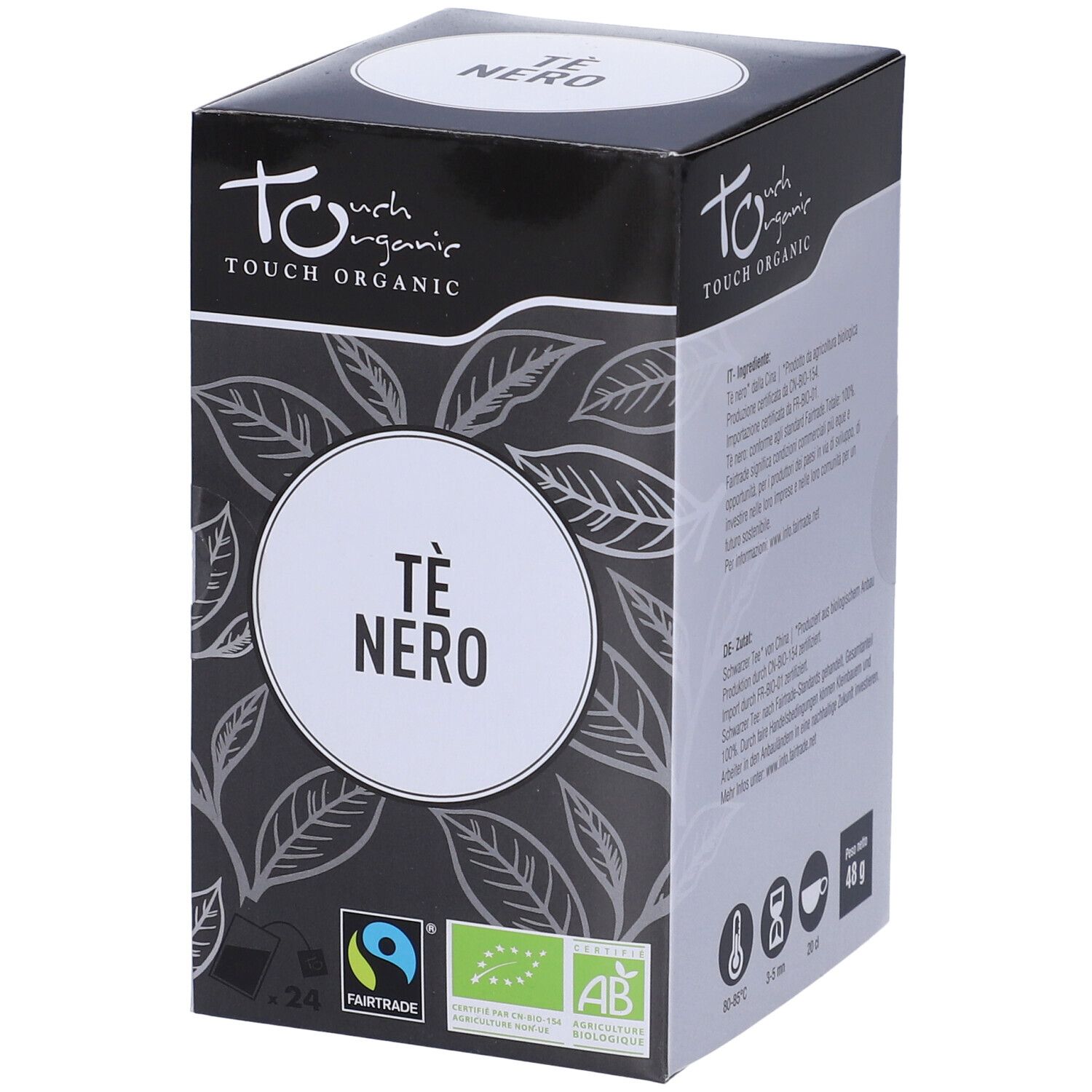 Tè nero in confezione nera. Loghi Fairtrade e bio. Testo: Tè Nero.