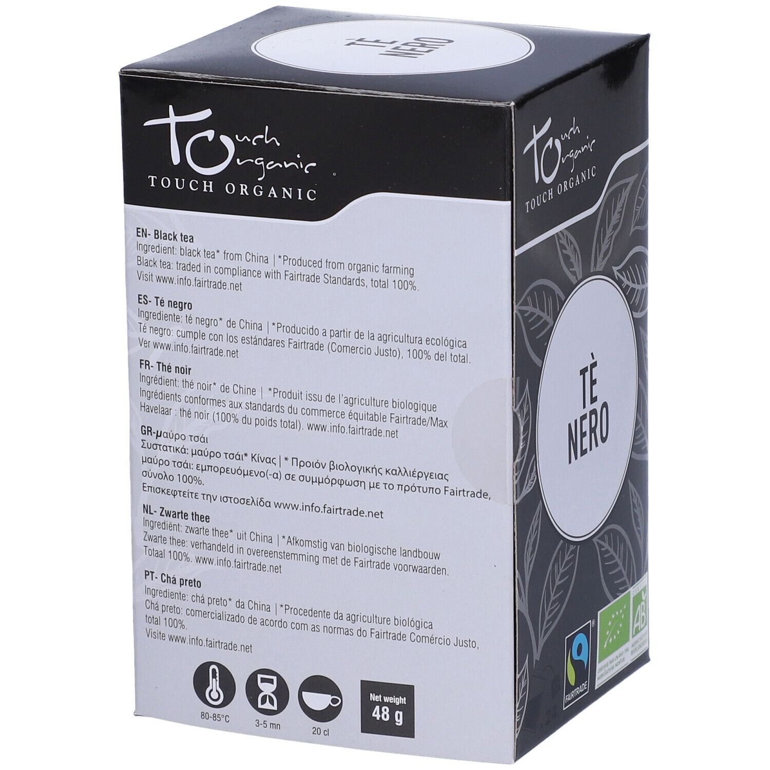 Retro della scatola di tè con testo multilingue. Ingredienti e certificazioni.