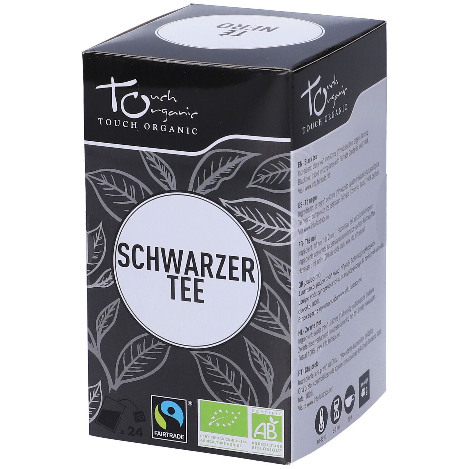Tè nero in confezione nera. Testo: Schwarzer Tee. Loghi bio e Fairtrade.