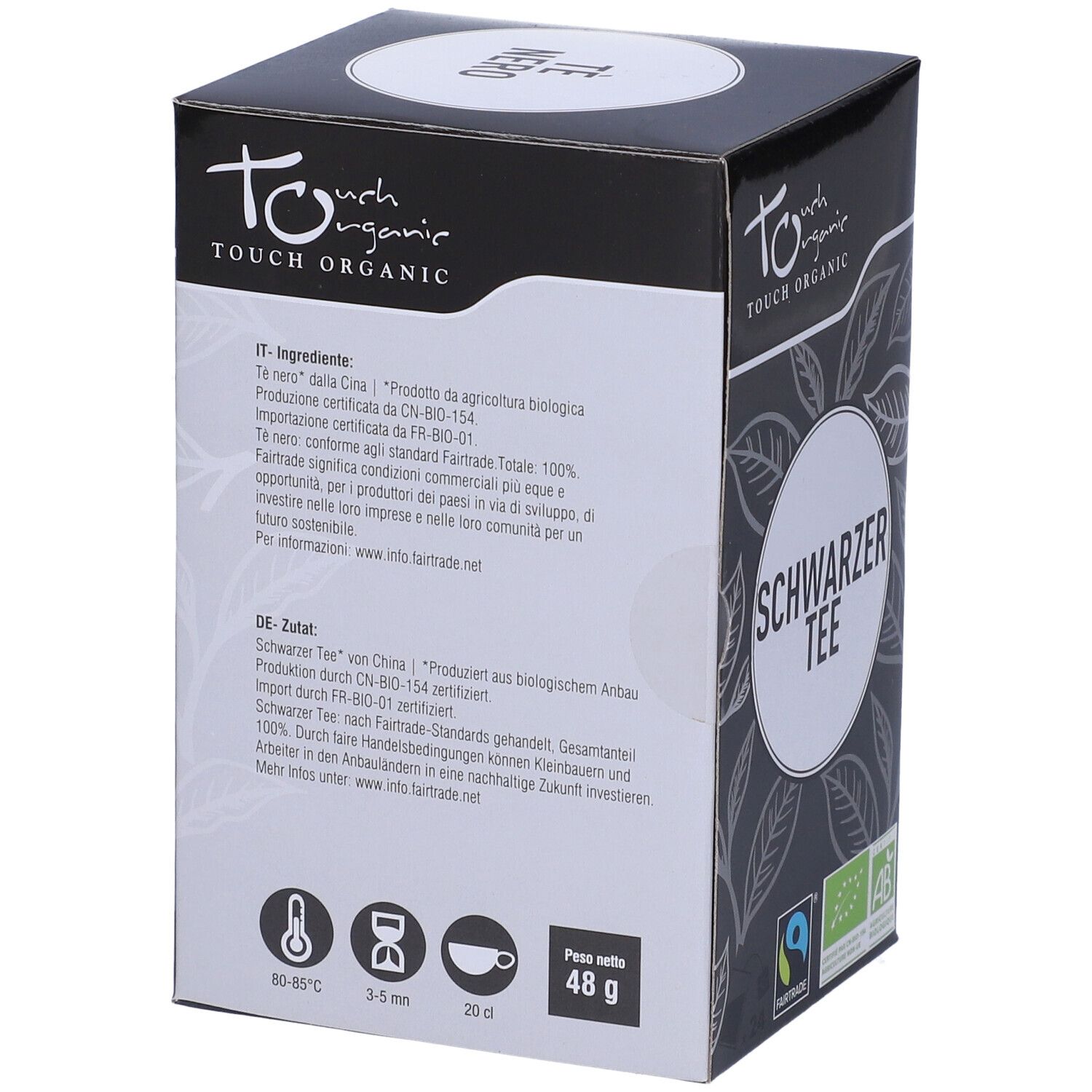 Retro della scatola di tè con testo multilingue. Ingredienti e certificazioni.