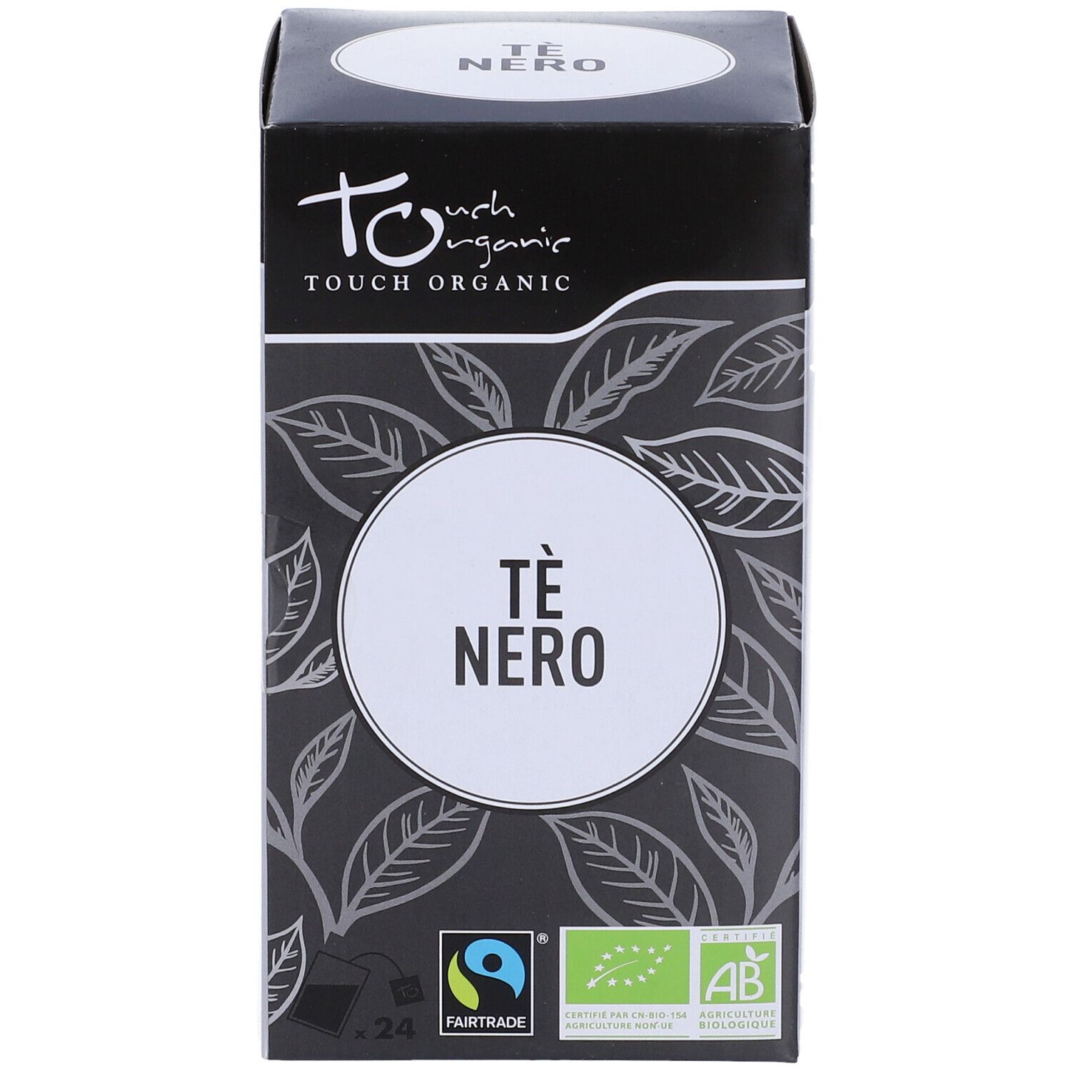 Tè nero in confezione nera. Testo: Tè Nero. Loghi bio e Fairtrade.