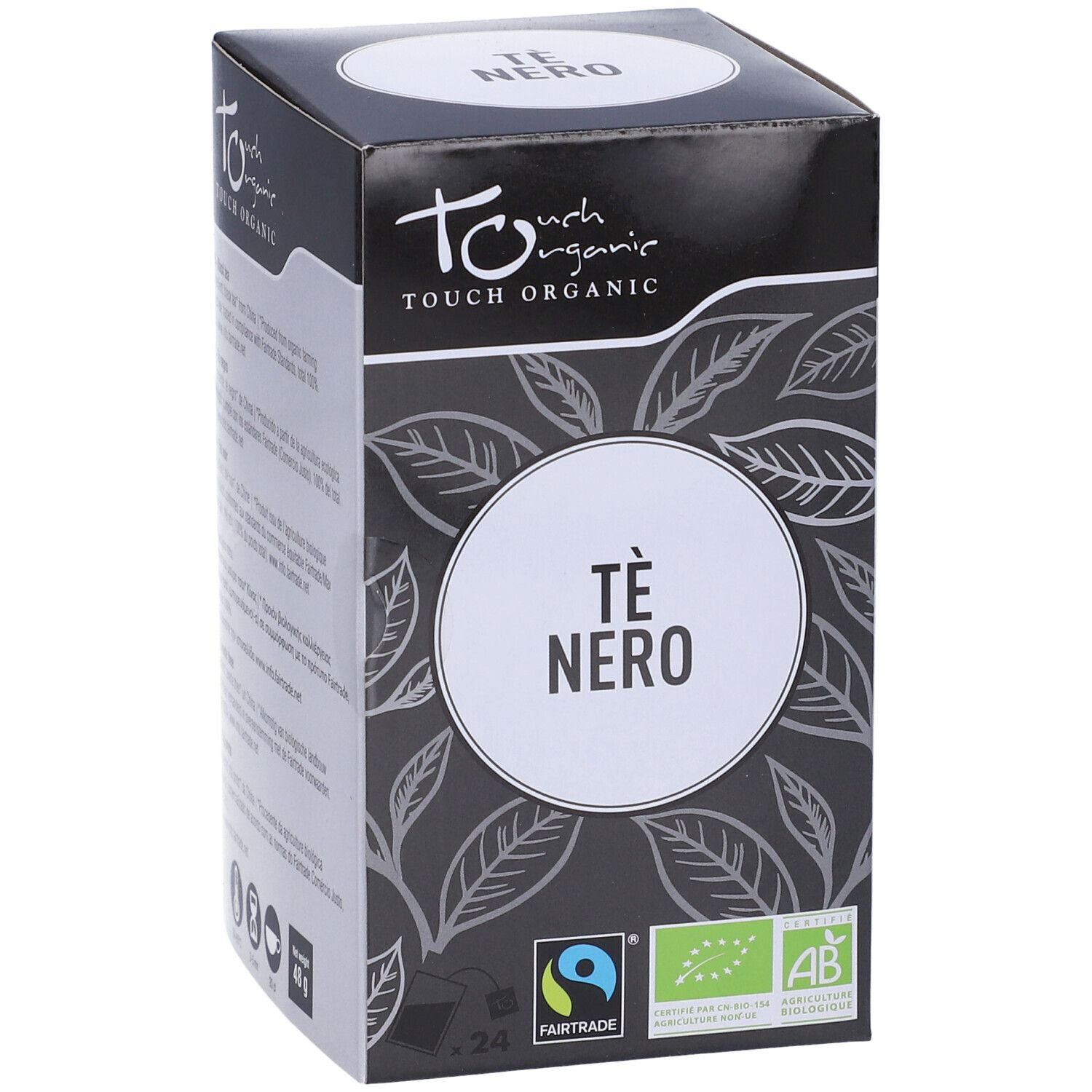 Tè nero in confezione nera. Testo: Tè Nero. Loghi bio e Fairtrade.
