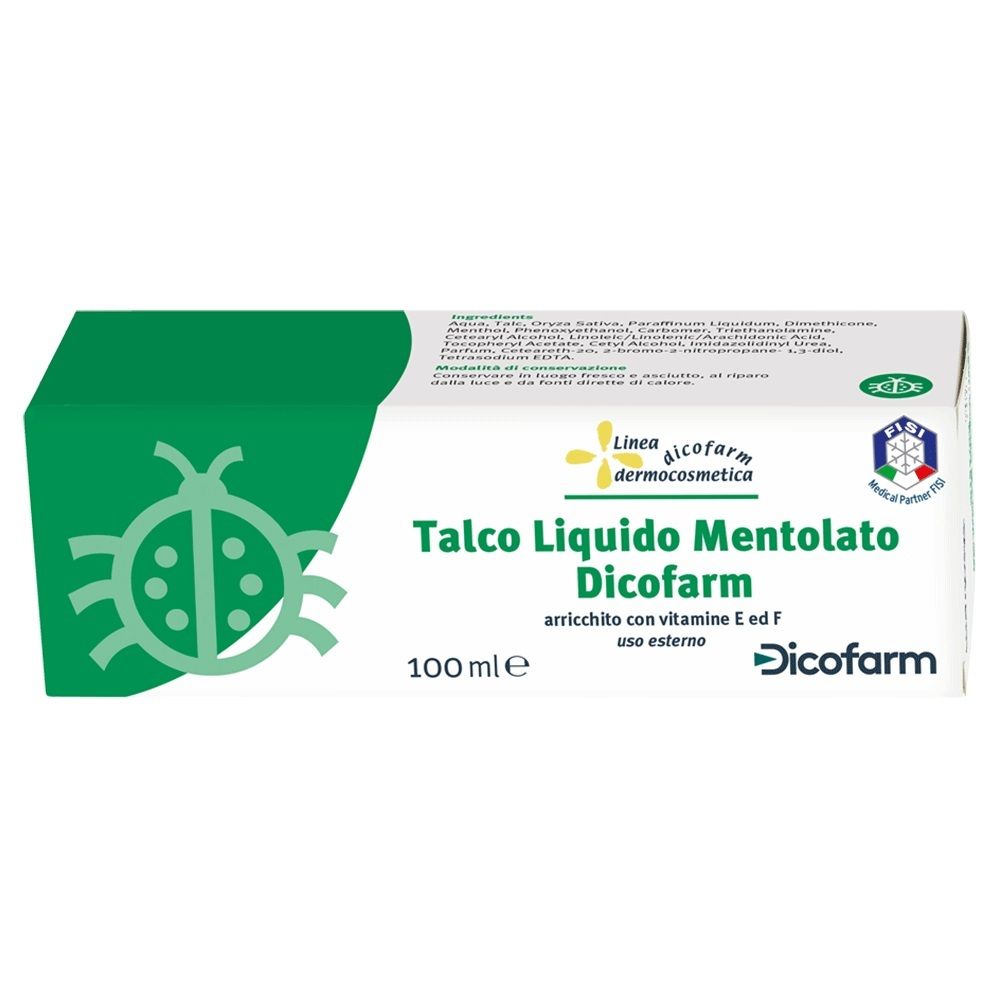 Confezione bianca e verde. Scritta: Talco Liquido Mentolato Dicofarm. Con vitamina E e F. 100 ml.