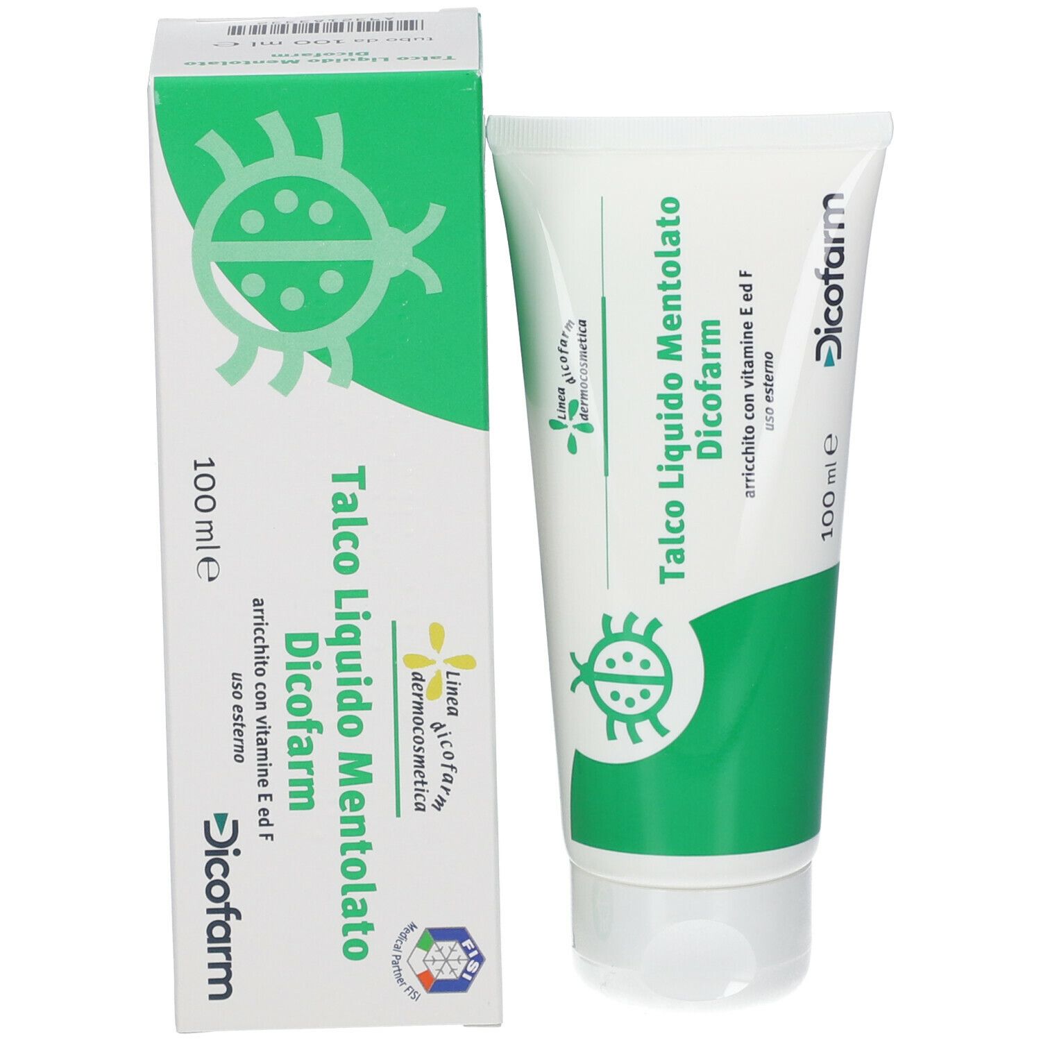 Prodotto e confezione affiancati. Tubo e scatola. Scritta: Talco Liquido Mentolato Dicofarm.