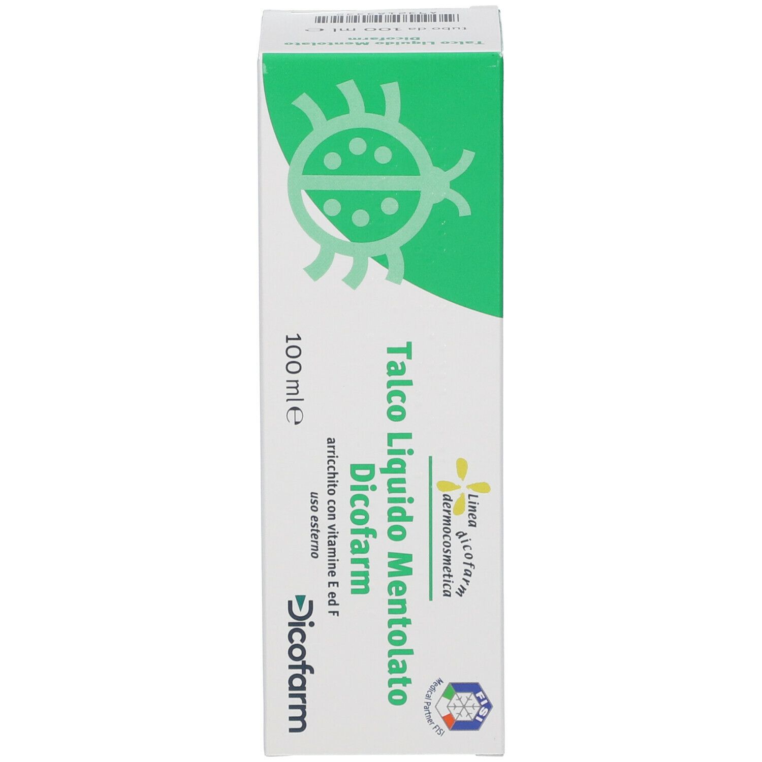 Scatola. Scritta: Talco Liquido Mentolato Dicofarm. Con vitamina E e F. 100 ml.