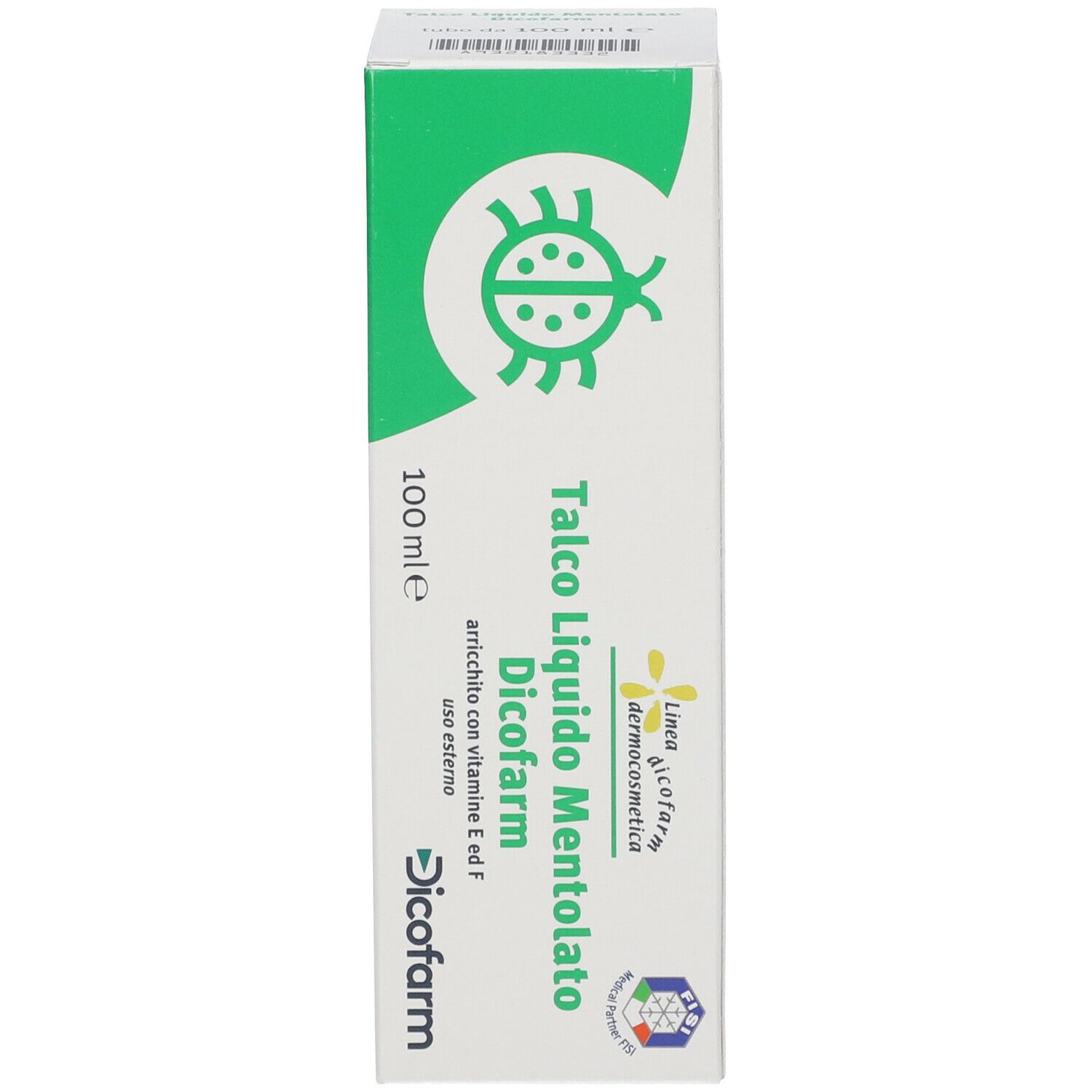 Scatola. Scritta: Talco Liquido Mentolato Dicofarm. Con vitamina E e F. 100 ml.