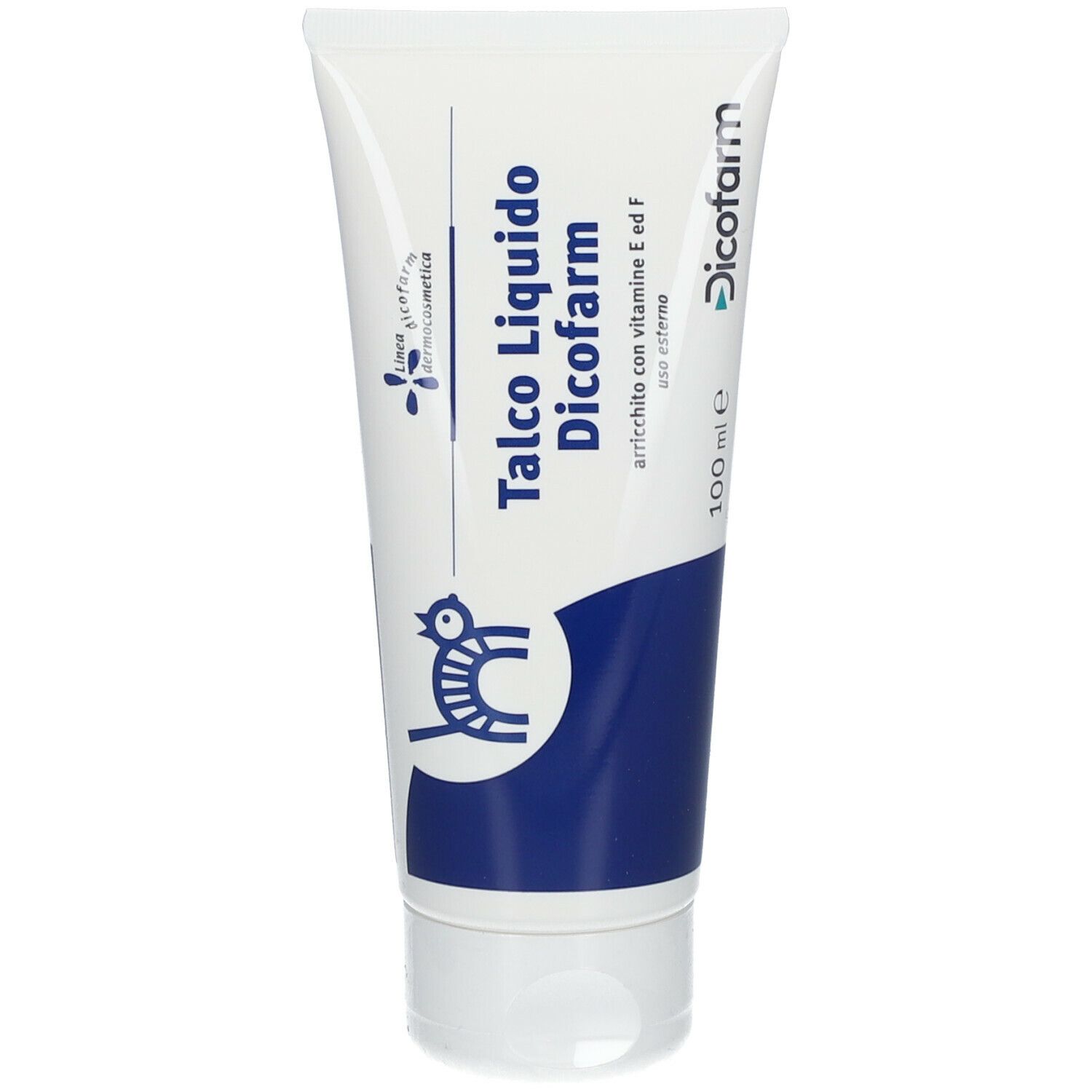 Tubo bianco e blu. Scritta: Talco Liquido Dicofarm, 100 ml. Logo: uccello.