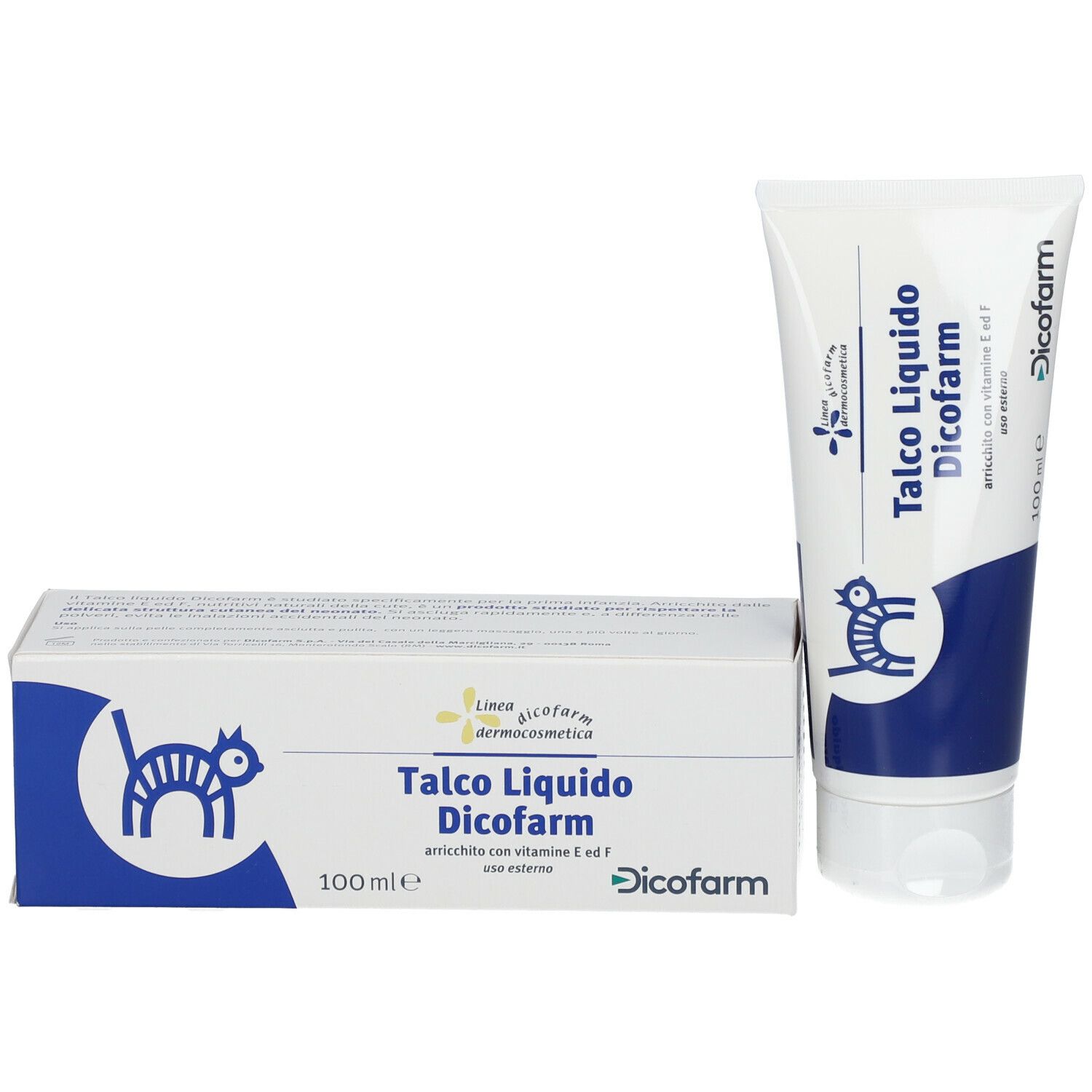 Confezione: scatola e tubo. Scritta: Talco Liquido Dicofarm, 100 ml. Logo: gatto e uccello.