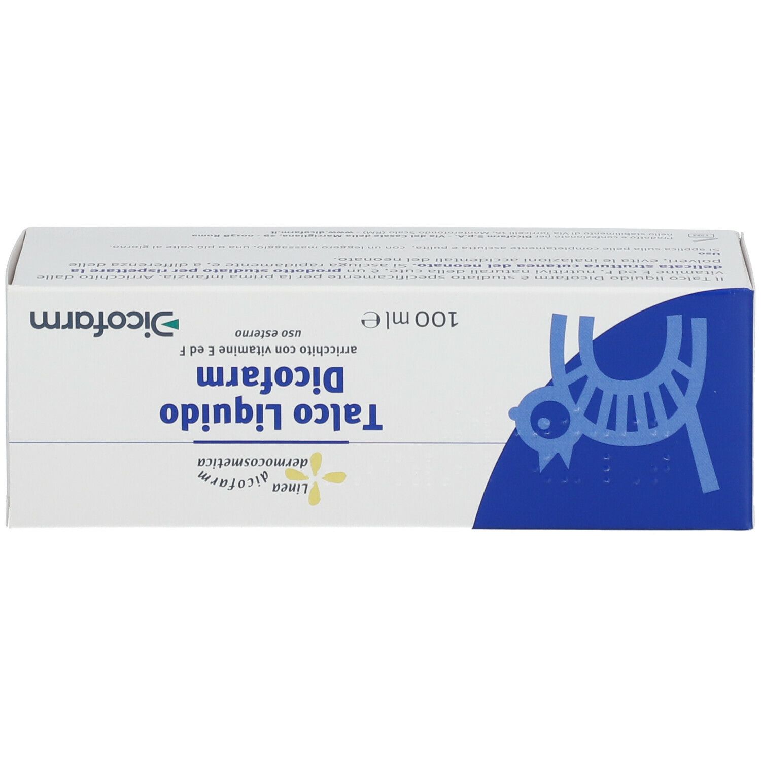 Scatola bianca e blu. Scritta: Talco Liquido Dicofarm, 100 ml. Logo: gatto.