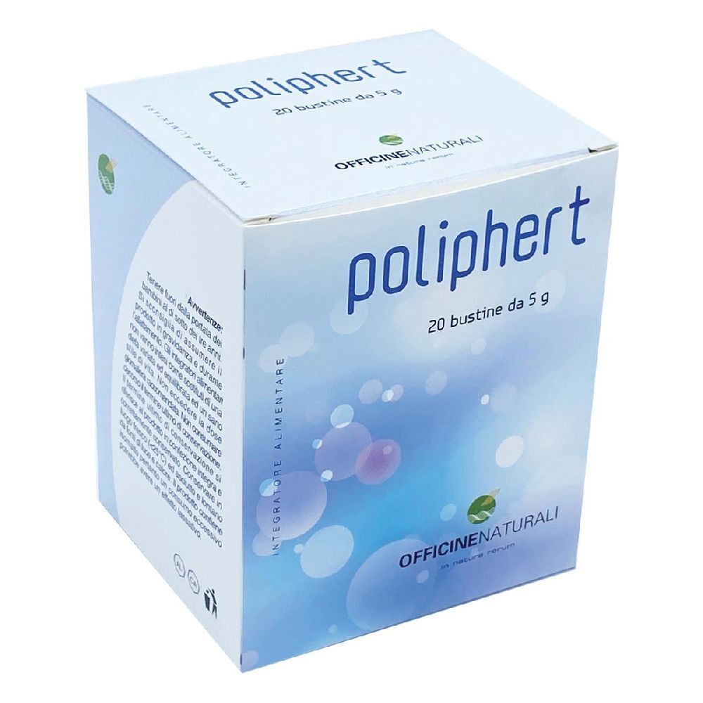 Scatola quadrata con logo "poliphert". Contiene 20 bustine da 5 g. Logo "Officine Naturali".
