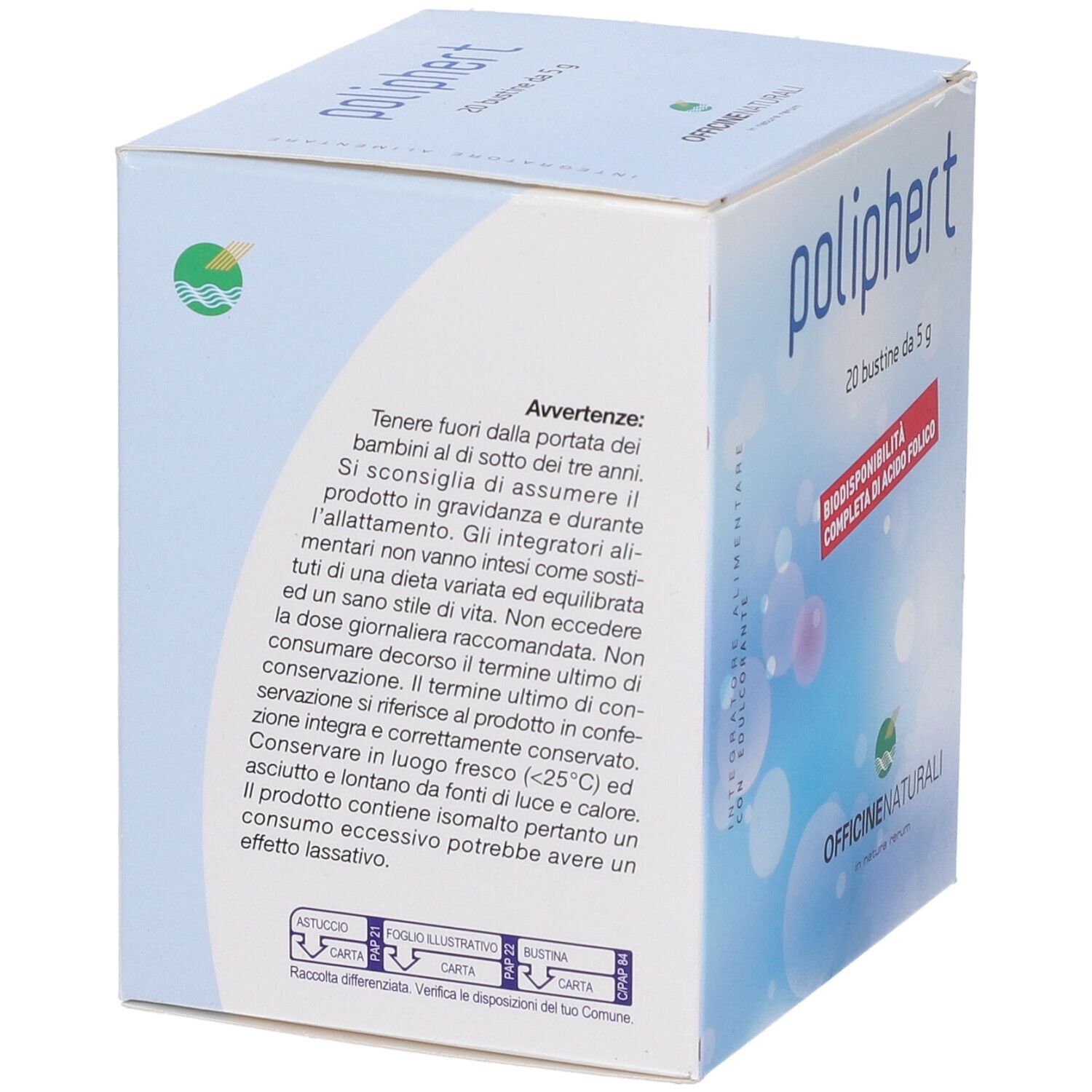 Scatola con logo "poliphert". Contiene 20 bustine da 5 g. Retro con avvertenze e informazioni del produttore.