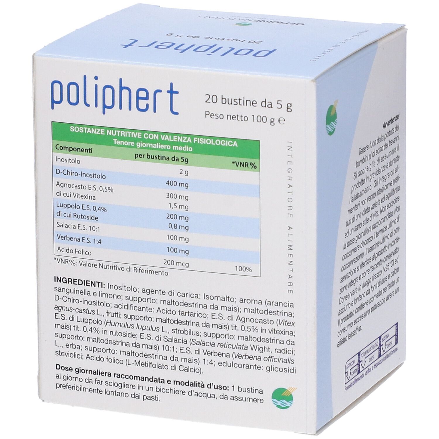 Scatola con logo "poliphert". Contiene 20 bustine da 5 g. Informazioni nutrizionali e ingredienti sul lato.