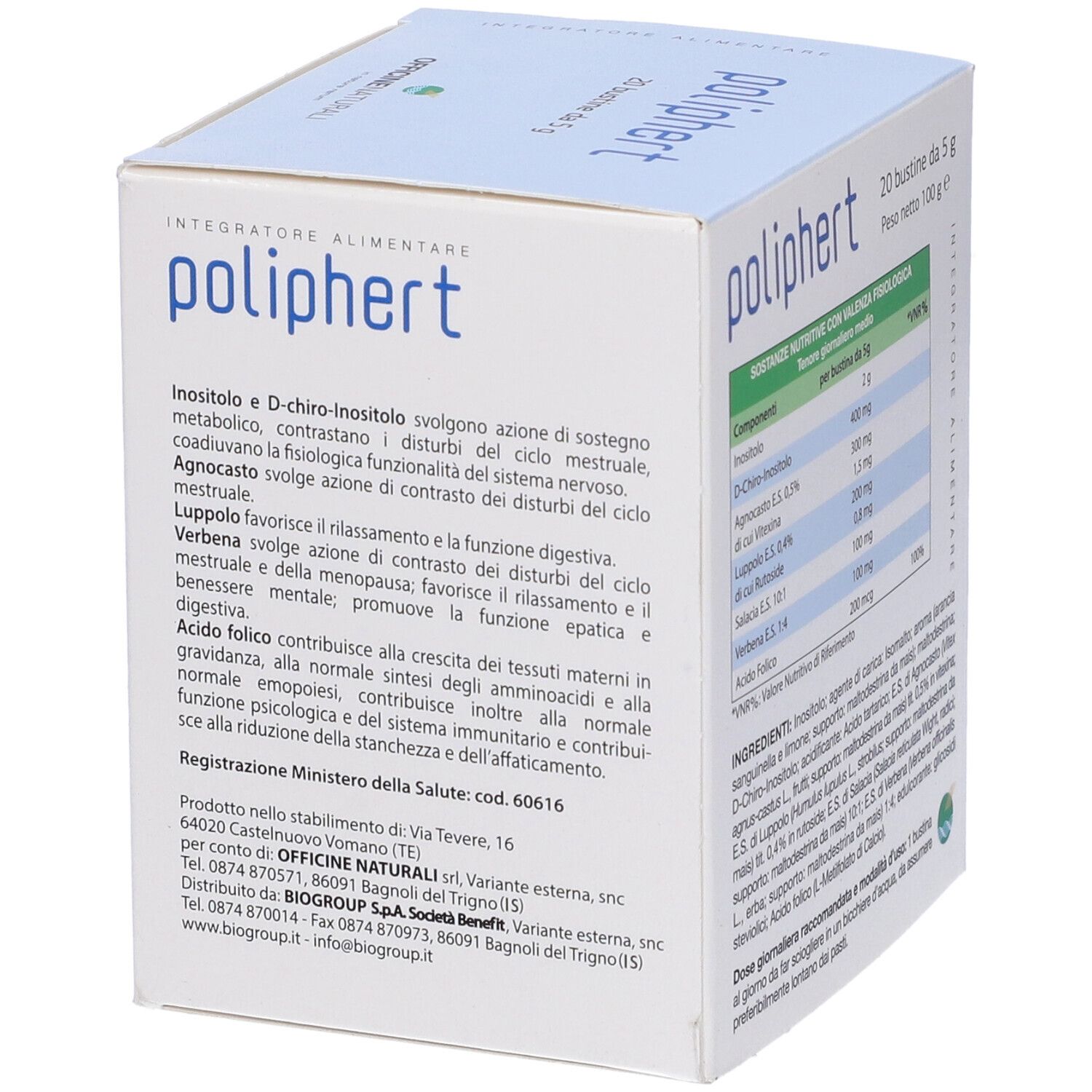 Scatola con logo "poliphert". Contiene 20 bustine da 5 g. Retro con ingredienti e informazioni del produttore.