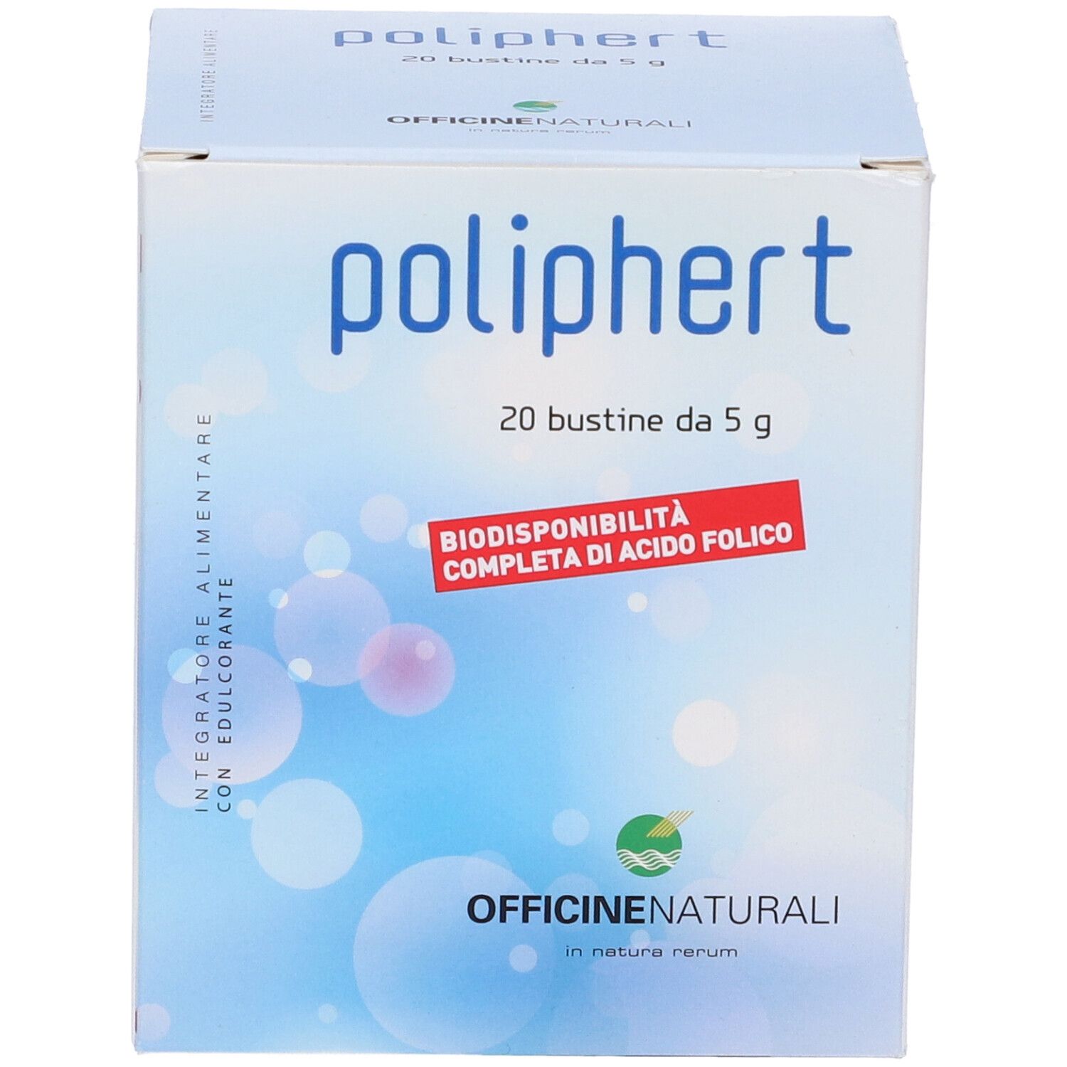 Scatola con logo "poliphert". Contiene 20 bustine da 5 g. Testo: "Biodisponibilità completa di acido folico".