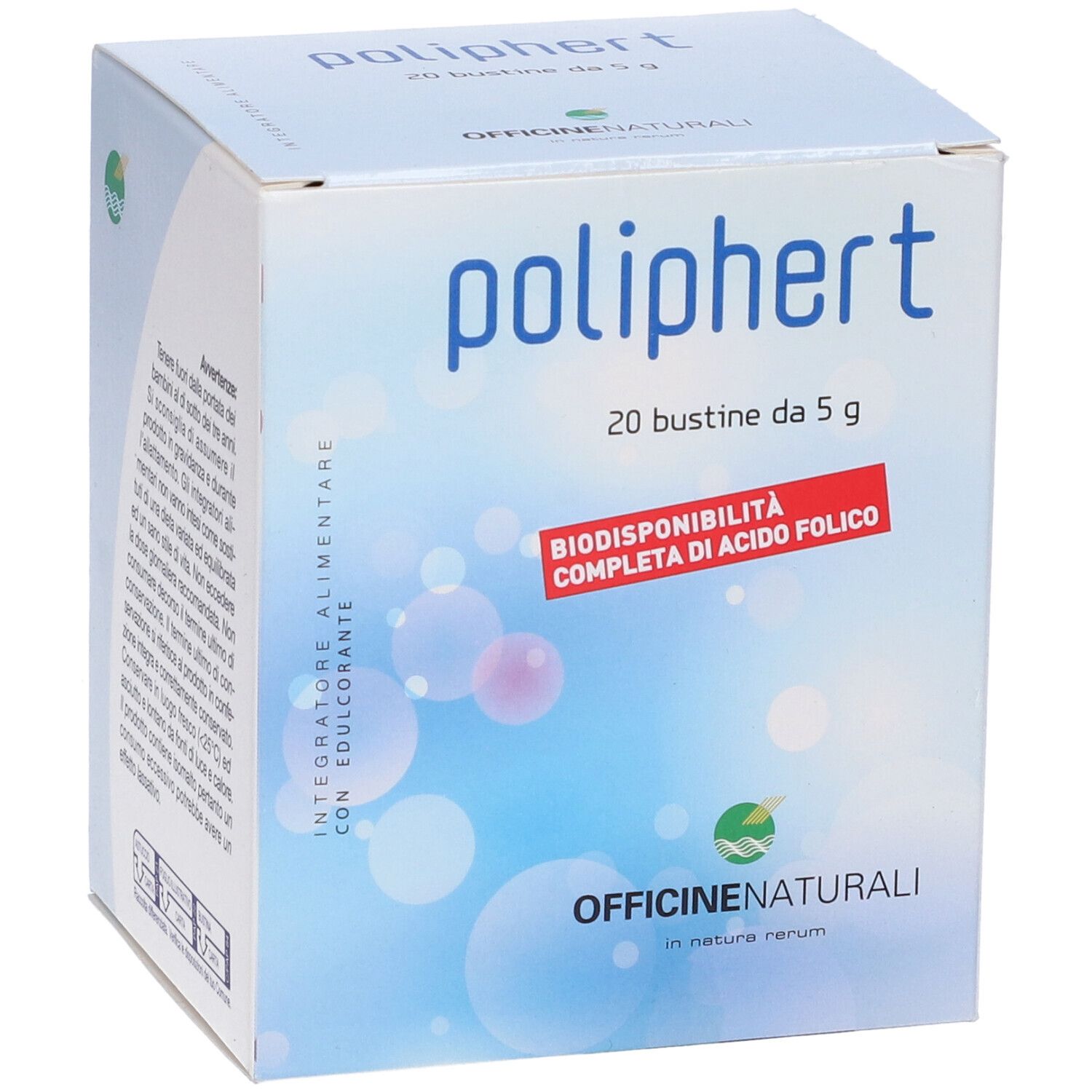Scatola con logo "poliphert". Contiene 20 bustine da 5 g. Logo "Officine Naturali". Sfondo blu.