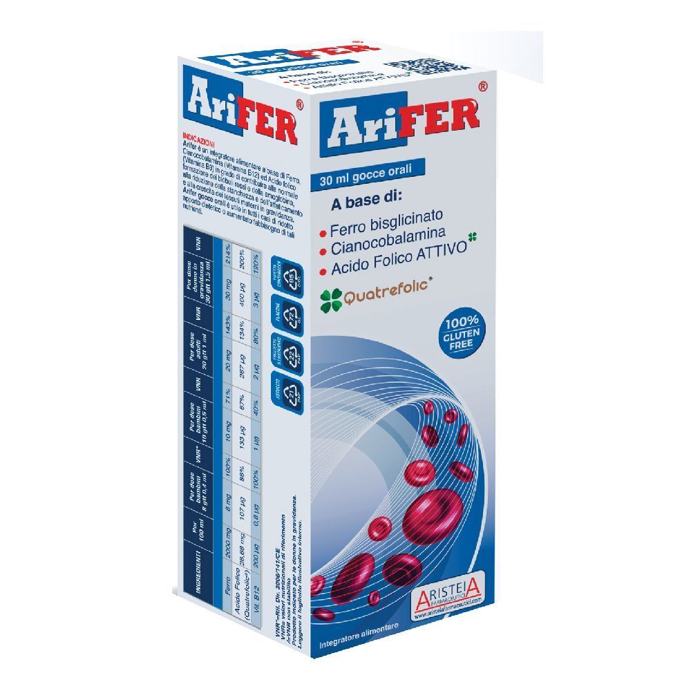 Scatola di Arifer Gocce Orali. Contiene 30 ml. Contiene ferro, cianocobalamina e acido folico attivo. Senza glutine.
