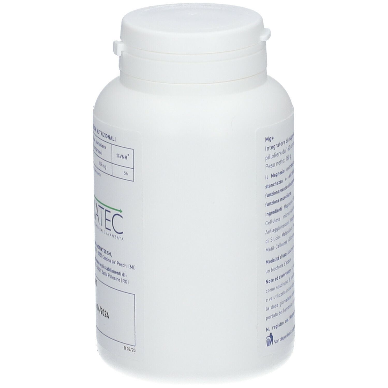 Weiße Flasche mit MAGNESIO+ und gelbem Kreis. Text: Integratore Alimentare, Magnesium. Rückseite mit Text. Marke: Driatec.