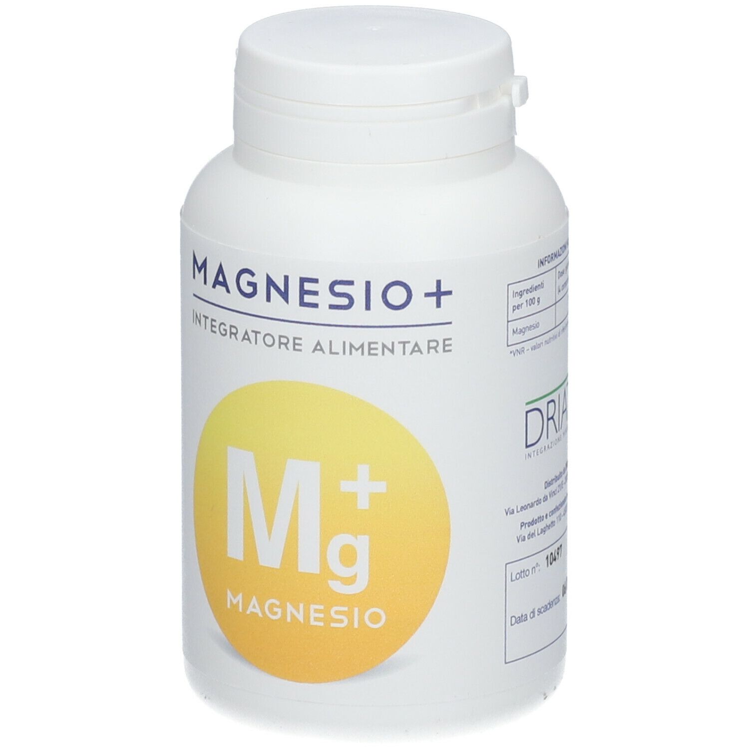Weiße Flasche mit MAGNESIO+ und gelbem Kreis. Text: Integratore Alimentare, Magnesium. Rückseite mit Text. Marke: Driatec.