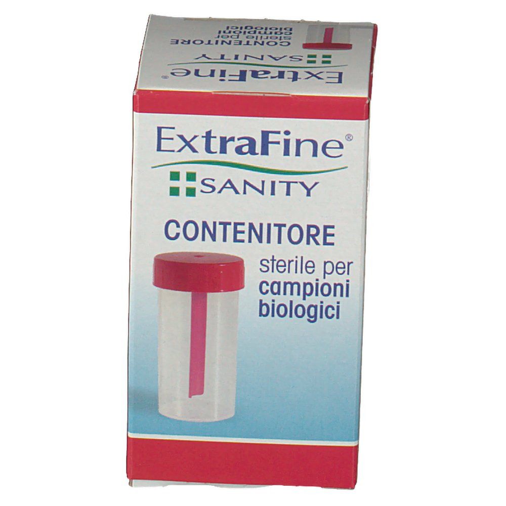 ExtraFine Sanity Contenitore sterile per campioni biologici, mit rotem Deckel.