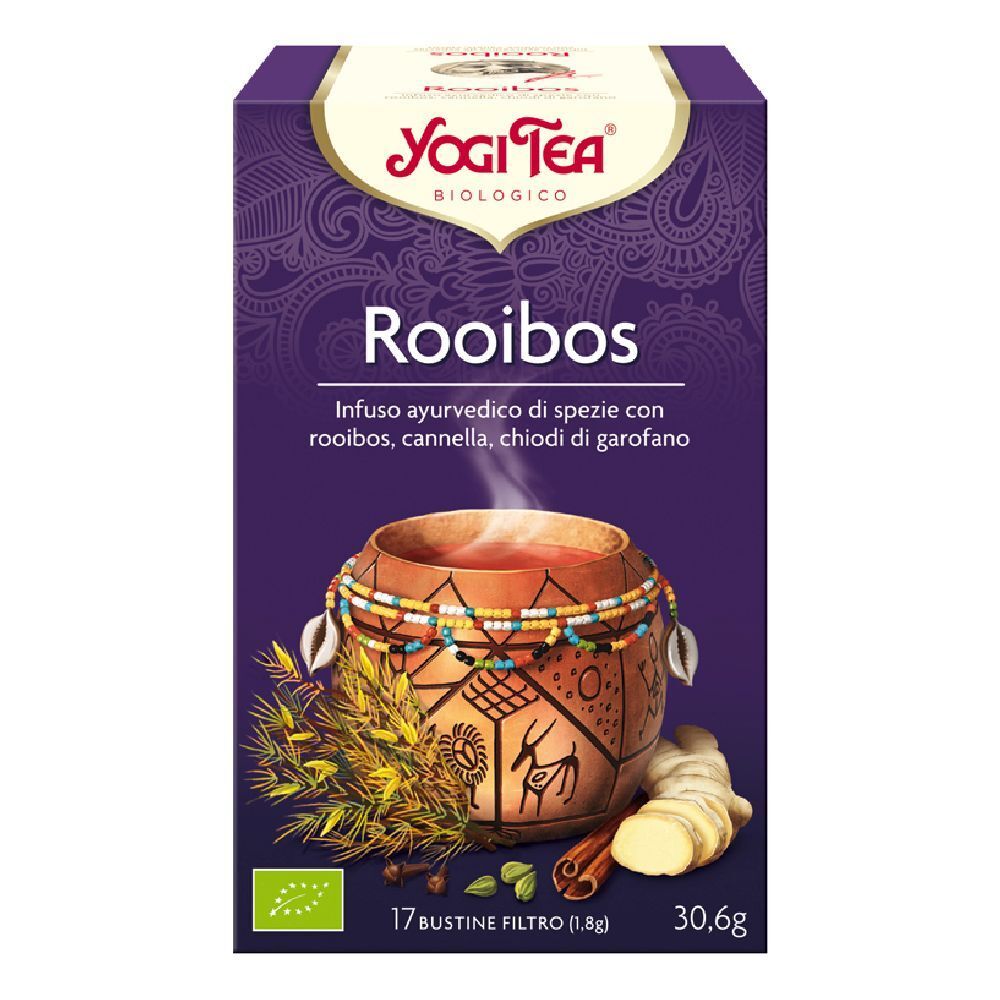 Yogi Tea Rooibos Bio Packung. Lila Verpackung mit Produktbild und Logo. 17 Filterbeutel, 30,6g.