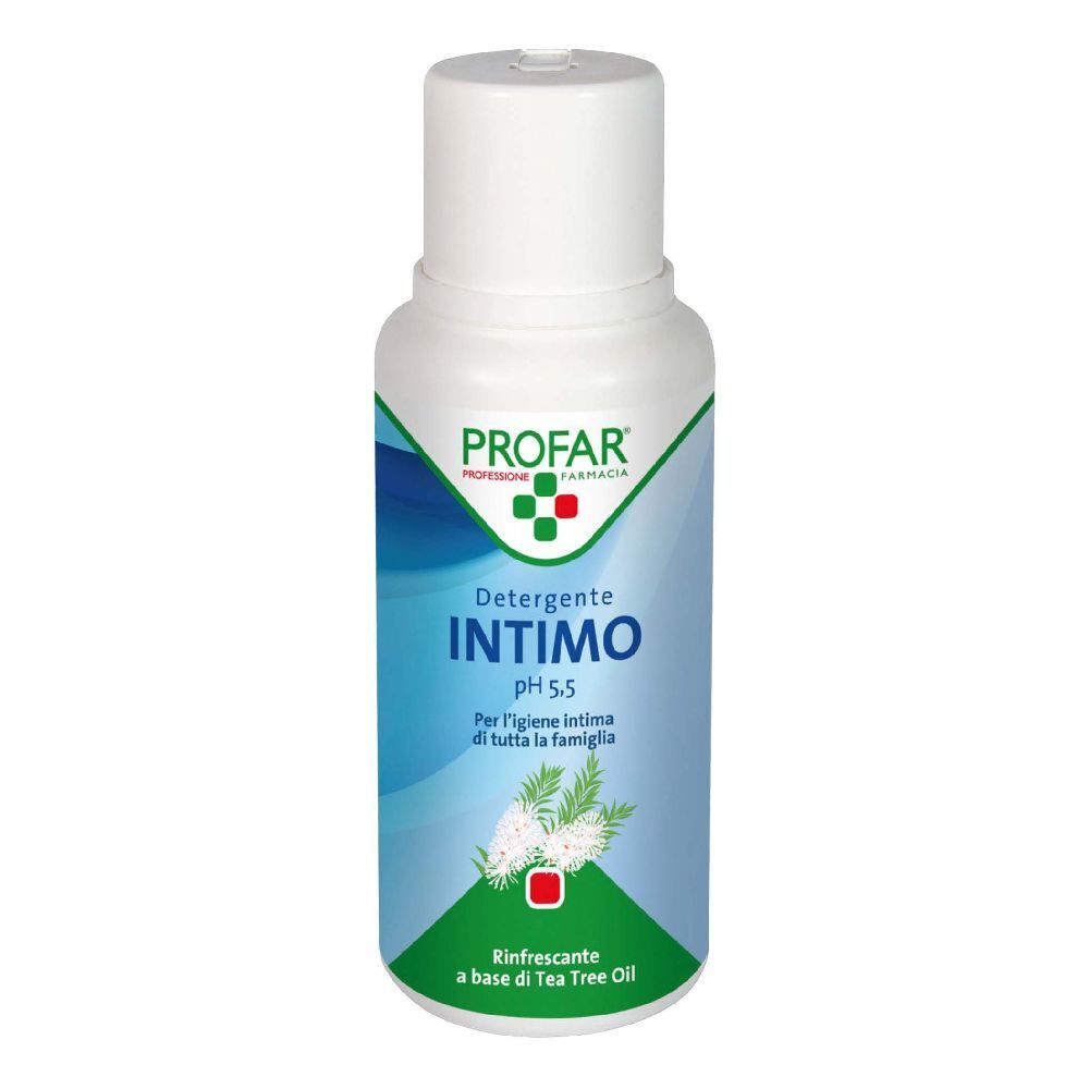 Flacone bianco e blu con informazioni sul prodotto. Scritta: Detergente Intimo, pH 5.5, Rinfrescante a base di Tea Tree Oil.