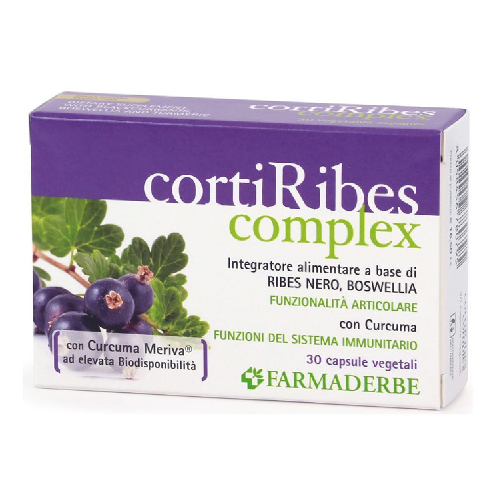 Confezione con nome del prodotto e immagine di ribes nero. Contiene 30 capsule.