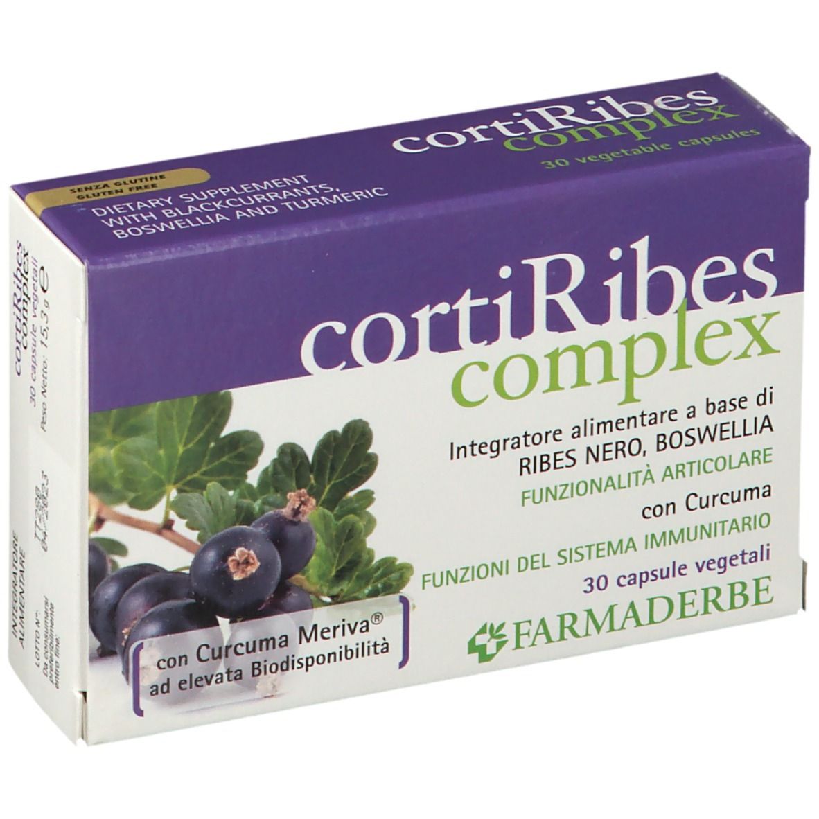 Confezione del prodotto con nome, immagine di ribes nero e 30 capsule.