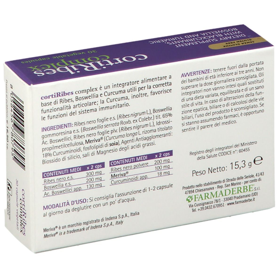 Retro della confezione con ingredienti e informazioni nutrizionali. Contiene 30 capsule.