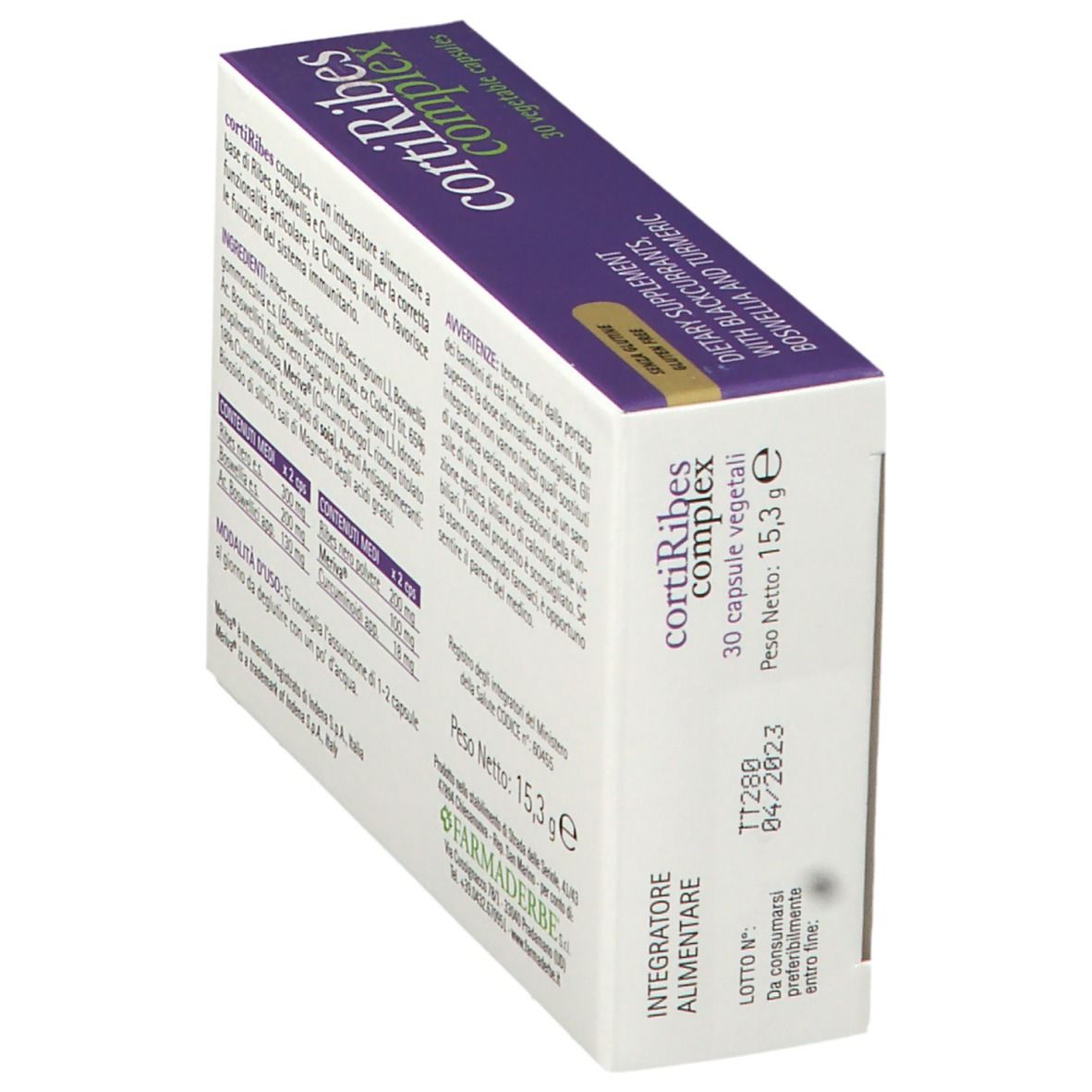 Confezione del prodotto in diagonale, con ingredienti e informazioni nutrizionali. 30 capsule.