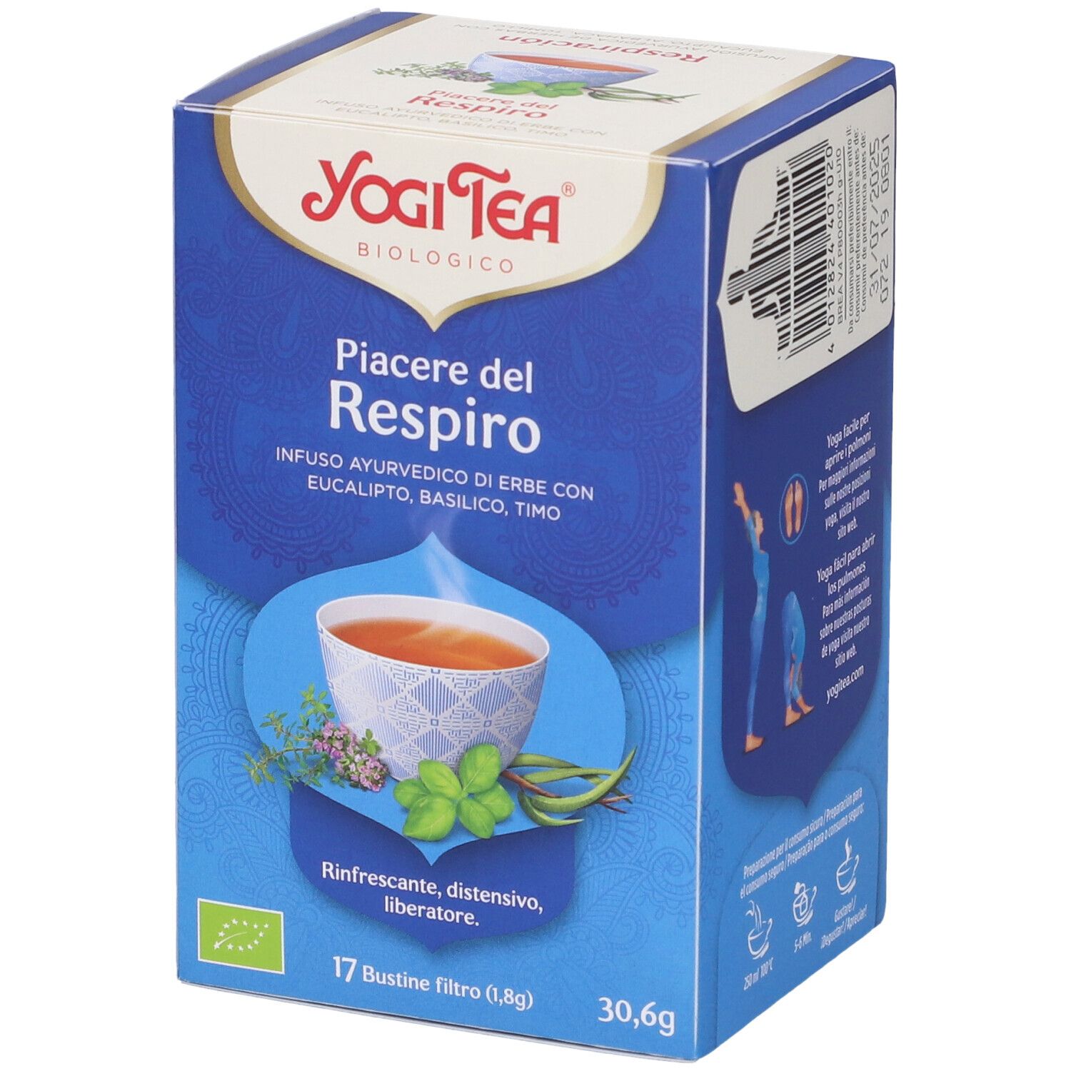 Scatola Yogi Tea blu. Scritta: Piacere del Respiro. Immagine: tazza di tè, erbe. 17 bustine. Lato: illustrazione yoga.
