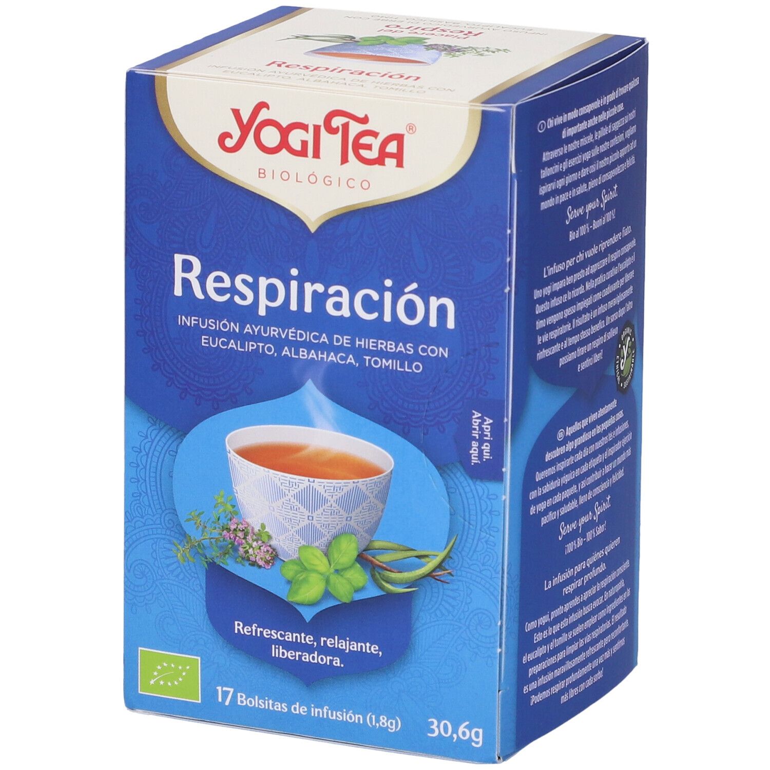 Scatola Yogi Tea blu. Scritta: Respiración. Immagine: tazza di tè, erbe. 17 bustine. Lato: illustrazione yoga.