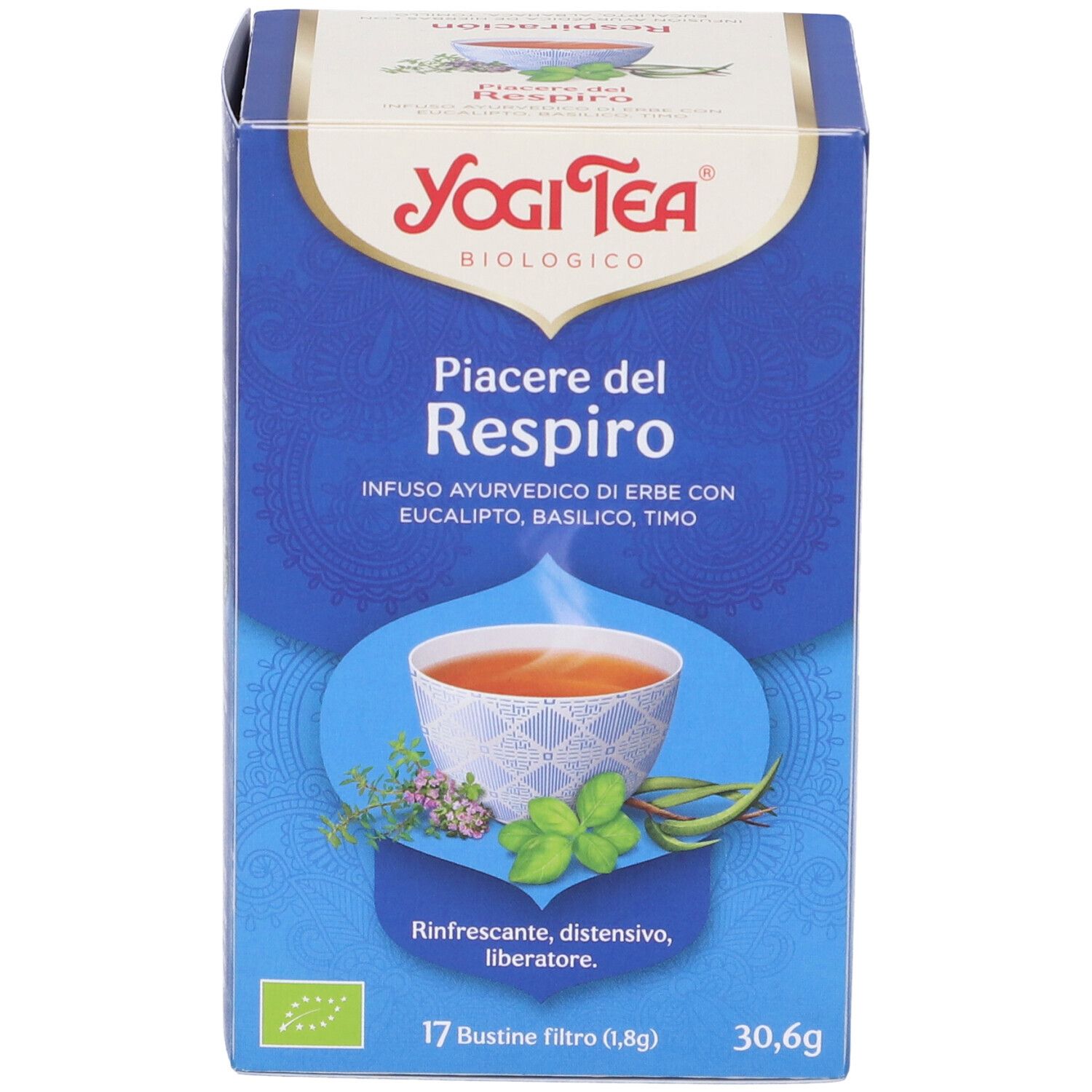 Scatola Yogi Tea blu. Scritta: Piacere del Respiro. Immagine: tazza di tè, erbe. 17 bustine. 30,6g.