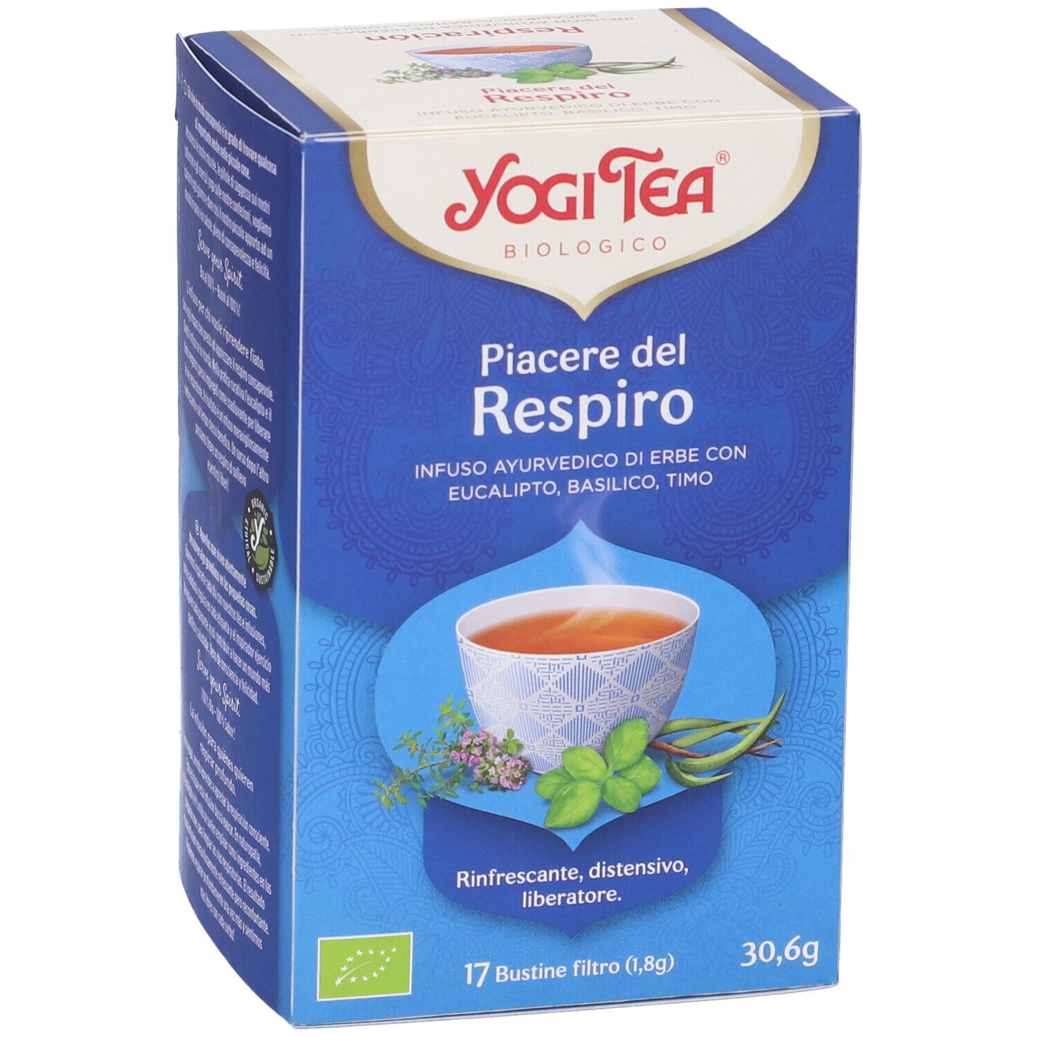 Scatola Yogi Tea blu. Scritta: Piacere del Respiro. Immagine: tazza di tè, erbe. 17 bustine. 30,6g.