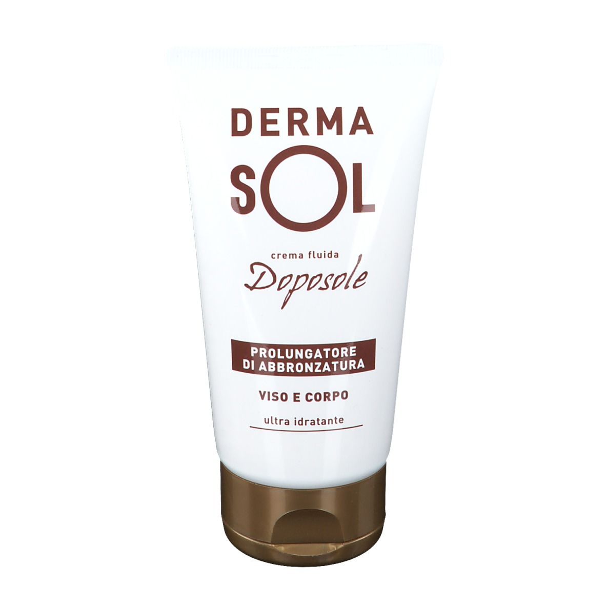 Tubo bianco con tappo marrone. Scritta: DERMA SOL, crema fluida Doposole, Prolungatore di abbronzatura, Viso e corpo.