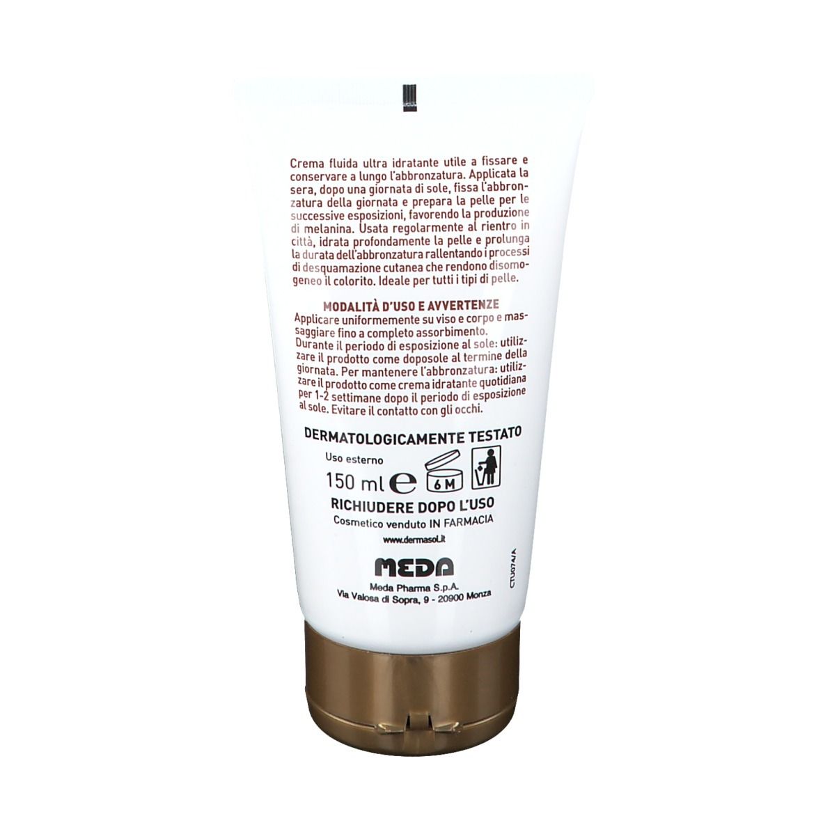 Retro del tubo. Testo: crema fluida ultra idratante, dermatologicamente testato. 150 ml. Meda Pharma.