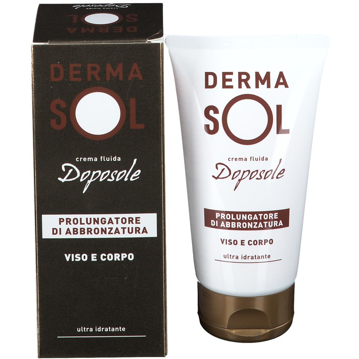 Confezione del prodotto. Tubo e scatola. Scritta: DERMA SOL, crema fluida Doposole, Prolungatore di abbronzatura, Viso e corpo.
