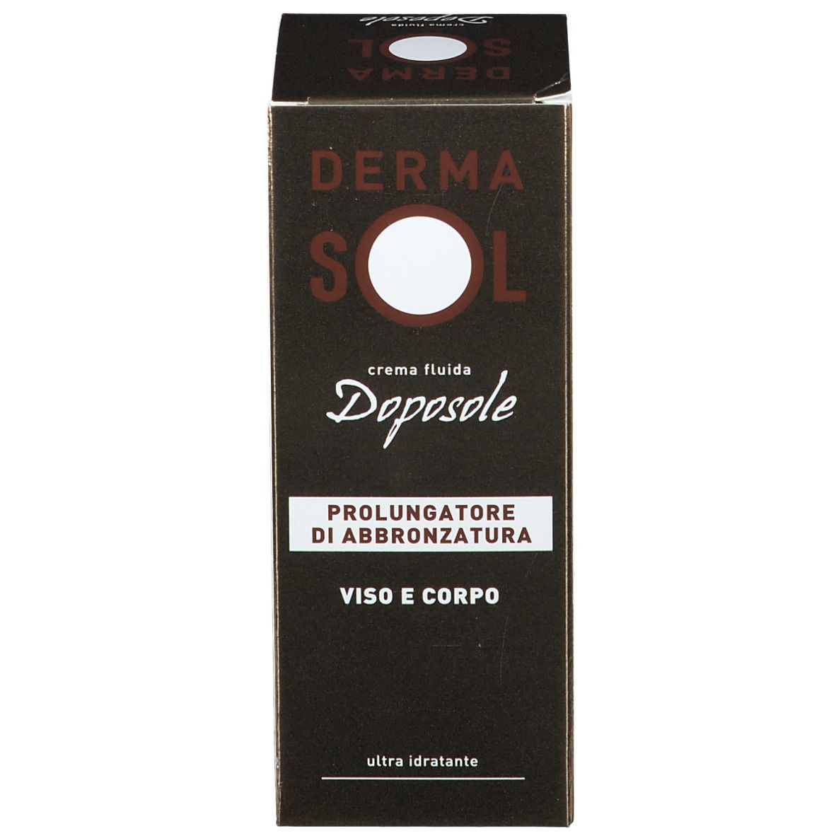Scatola. Scritta: DERMA SOL, crema fluida Doposole, Prolungatore di abbronzatura, Viso e corpo. Colore marrone.