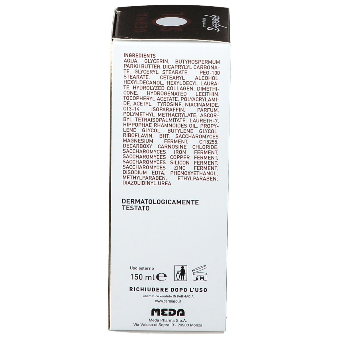Retro della scatola. Ingredienti, dermatologicamente testato. 150 ml. Meda Pharma.