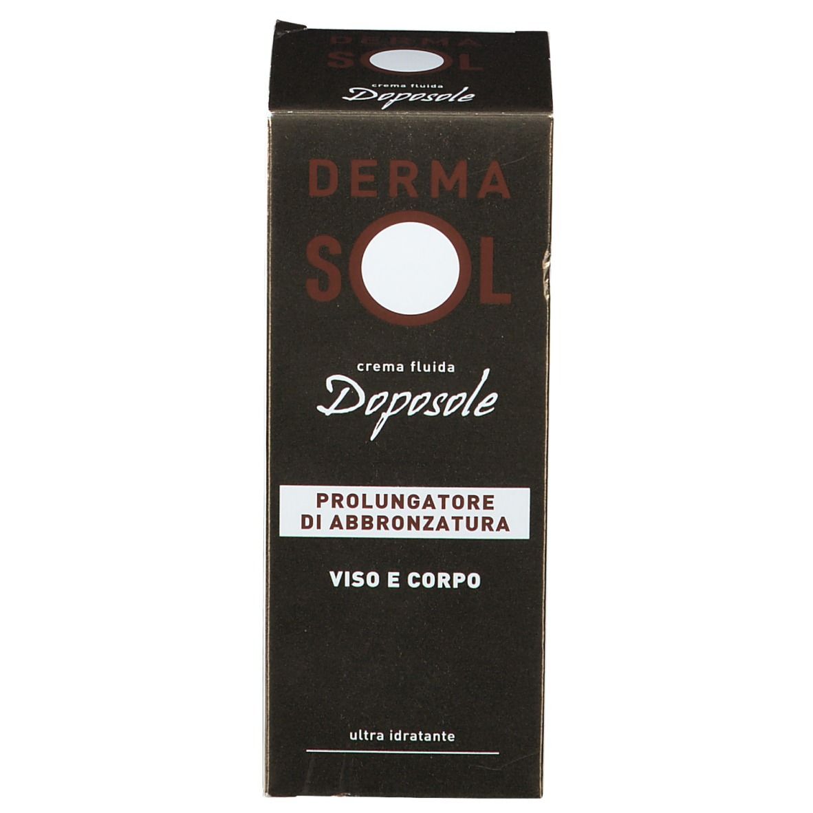 Scatola. Scritta: DERMA SOL, crema fluida Doposole, Prolungatore di abbronzatura, Viso e corpo. Colore marrone.