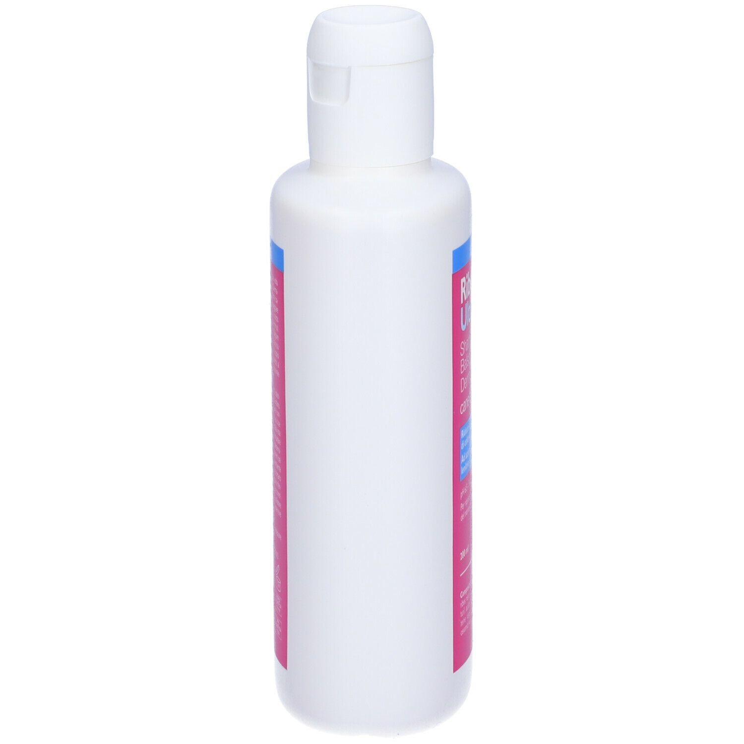 Flacone bianco, vista laterale. Etichetta rosa con testo blu. Nome del prodotto illeggibile.