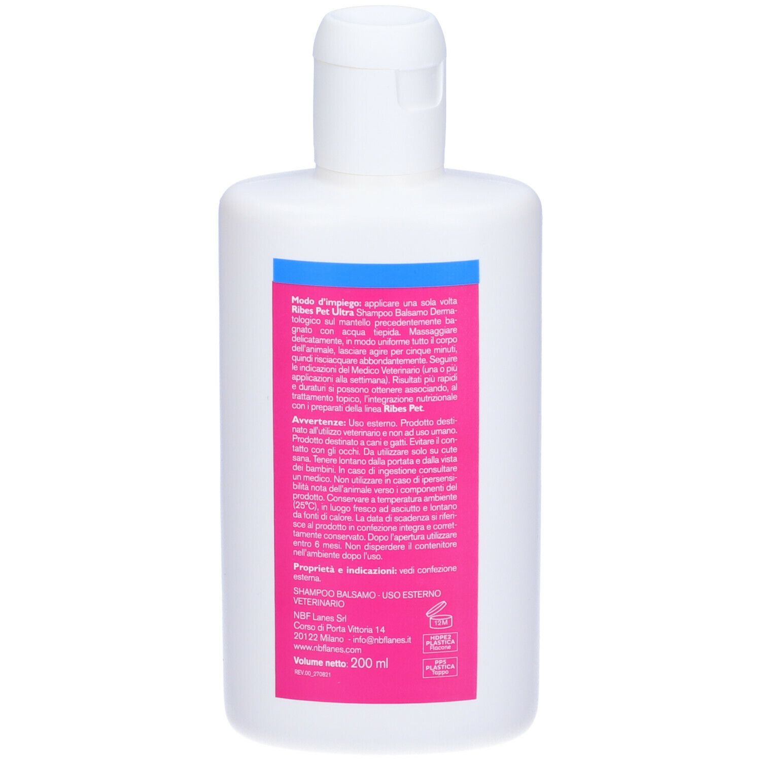 Flacone bianco con etichetta rosa. Testo: istruzioni per l'uso, ingredienti, informazioni produttore. Volume: 200 ml.