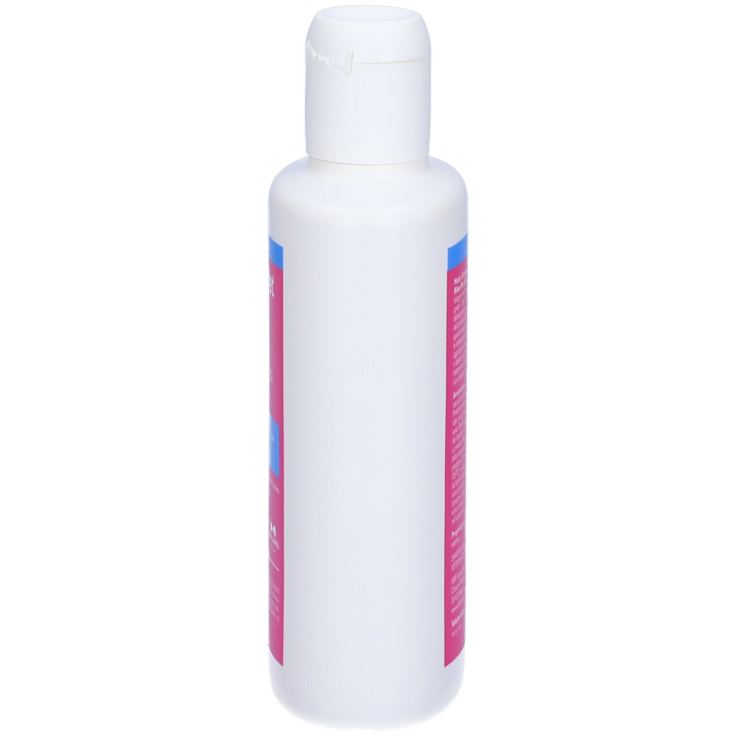 Flacone bianco, vista laterale. Etichetta rosa con testo blu. Nome del prodotto illeggibile.