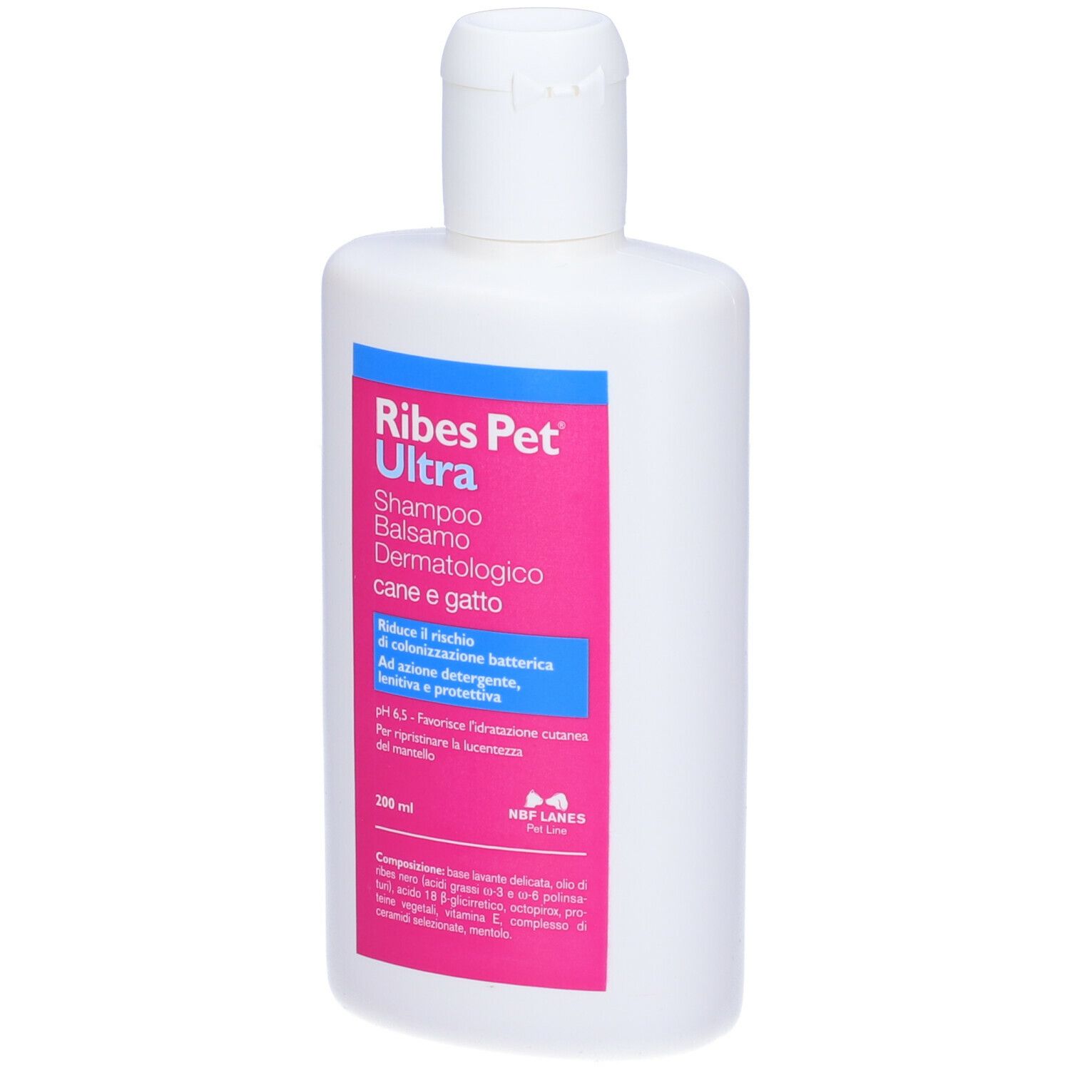 Flacone bianco con etichetta rosa. Scritta: Ribes Pet Ultra Shampoo Balsamo Dermatologico per cani e gatti.