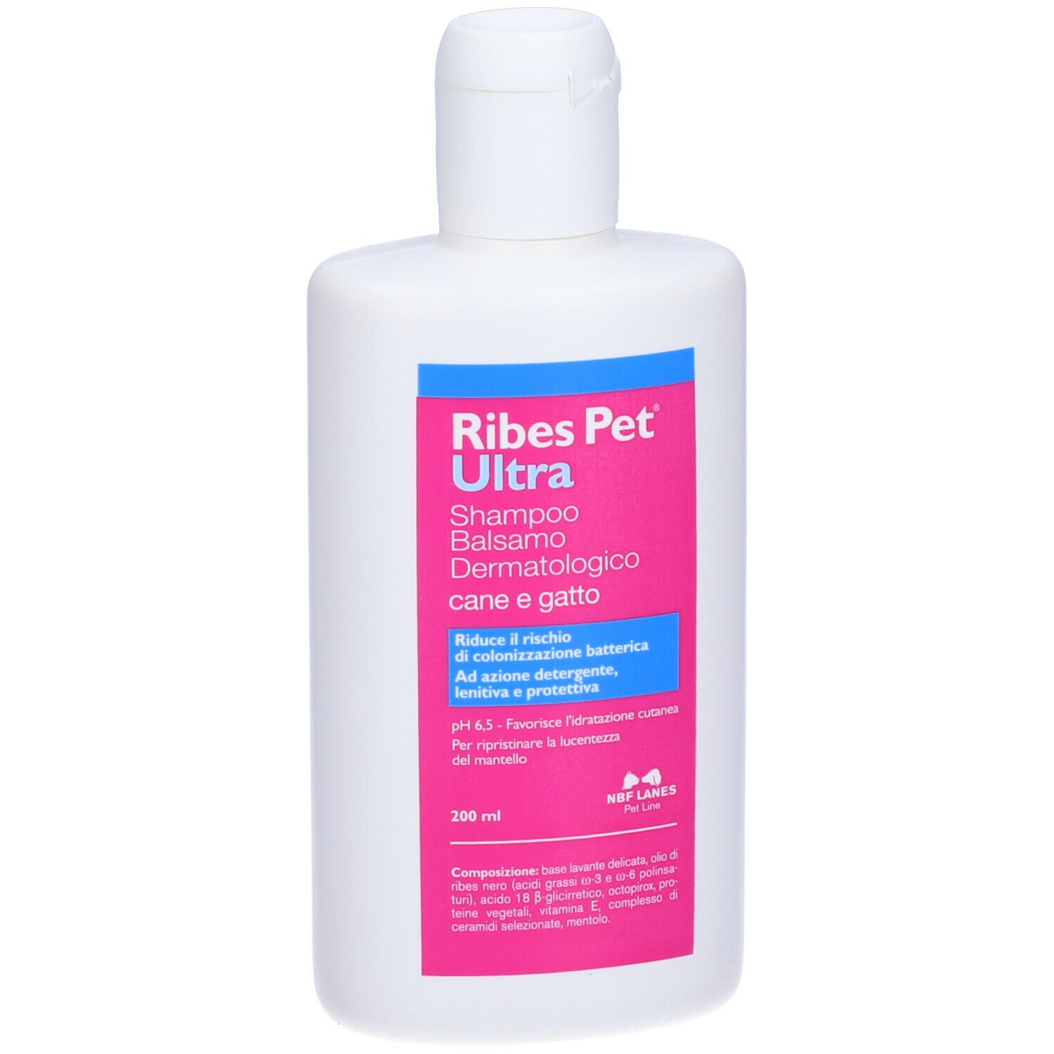 Flacone bianco con etichetta rosa. Scritta: Ribes Pet Ultra Shampoo Balsamo Dermatologico per cani e gatti.