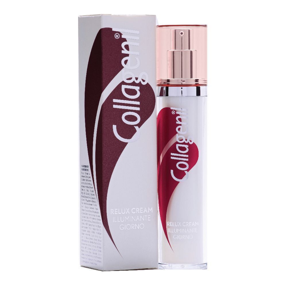 Flacone di crema e confezione. Bianco, con accento rosso e scritta Collagenil. Scritta: Relux Cream Illuminante Giorno.