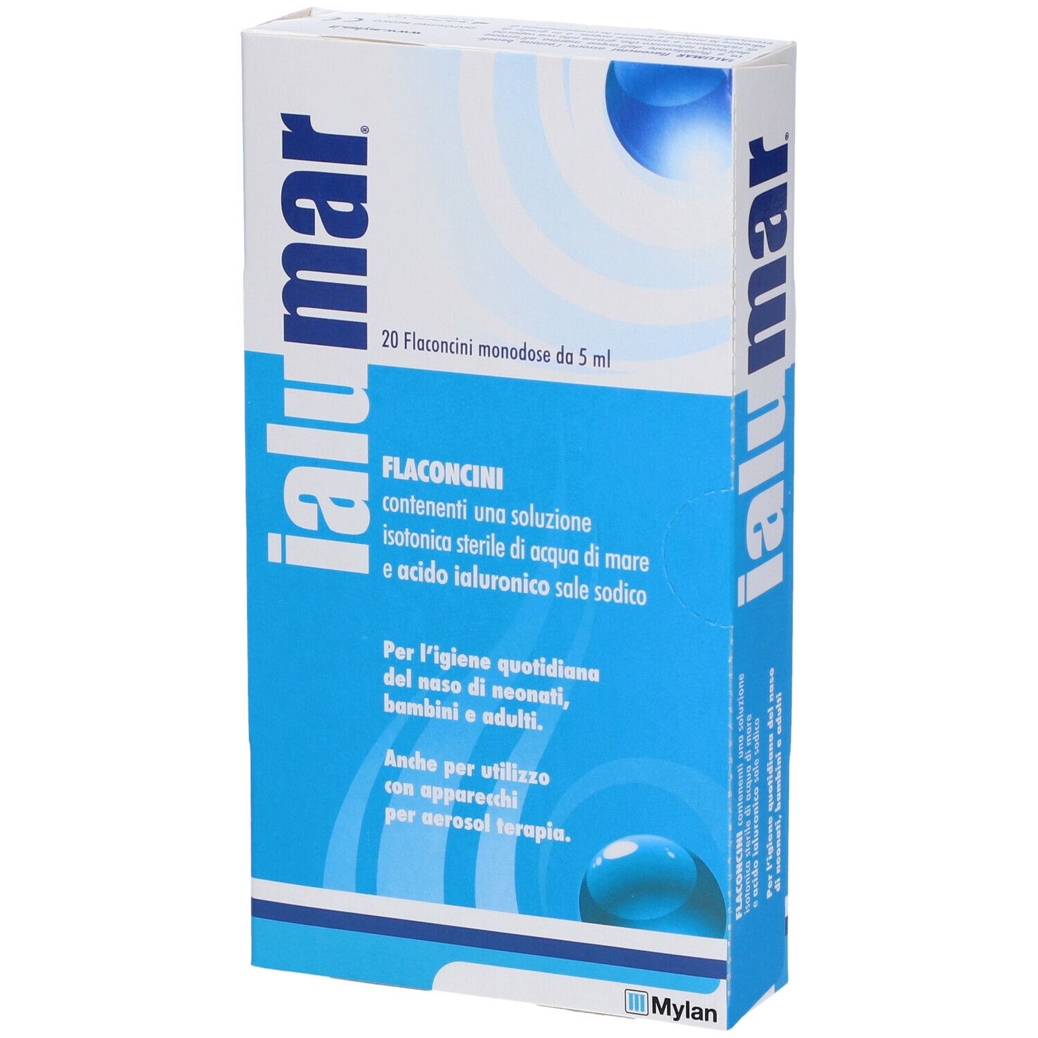 Scatola "ialumar" con 20 flaconcini monodose. Confezione blu e bianca. Informazioni sul prodotto visibili.