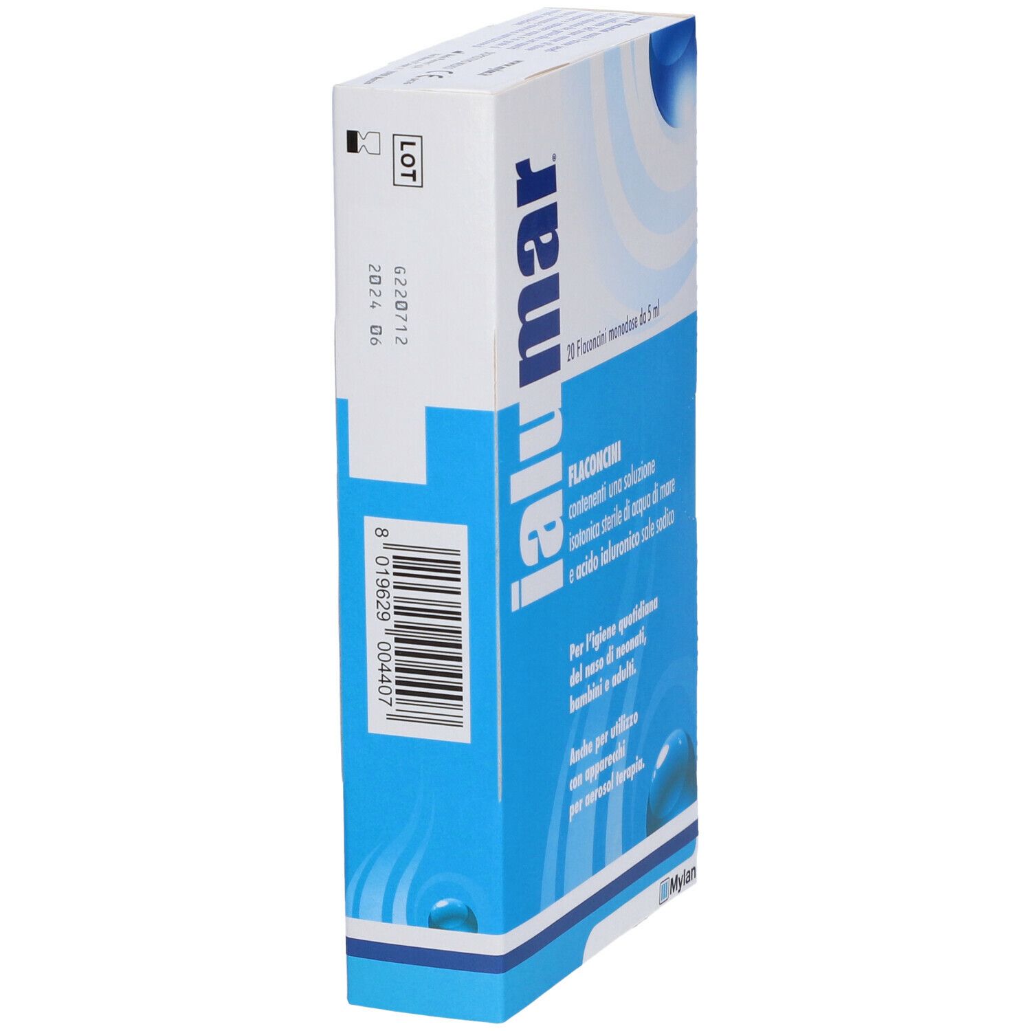Scatola "ialumar" in prospettiva. Confezione blu e bianca. Testo e codice a barre sul lato. Scadenza.