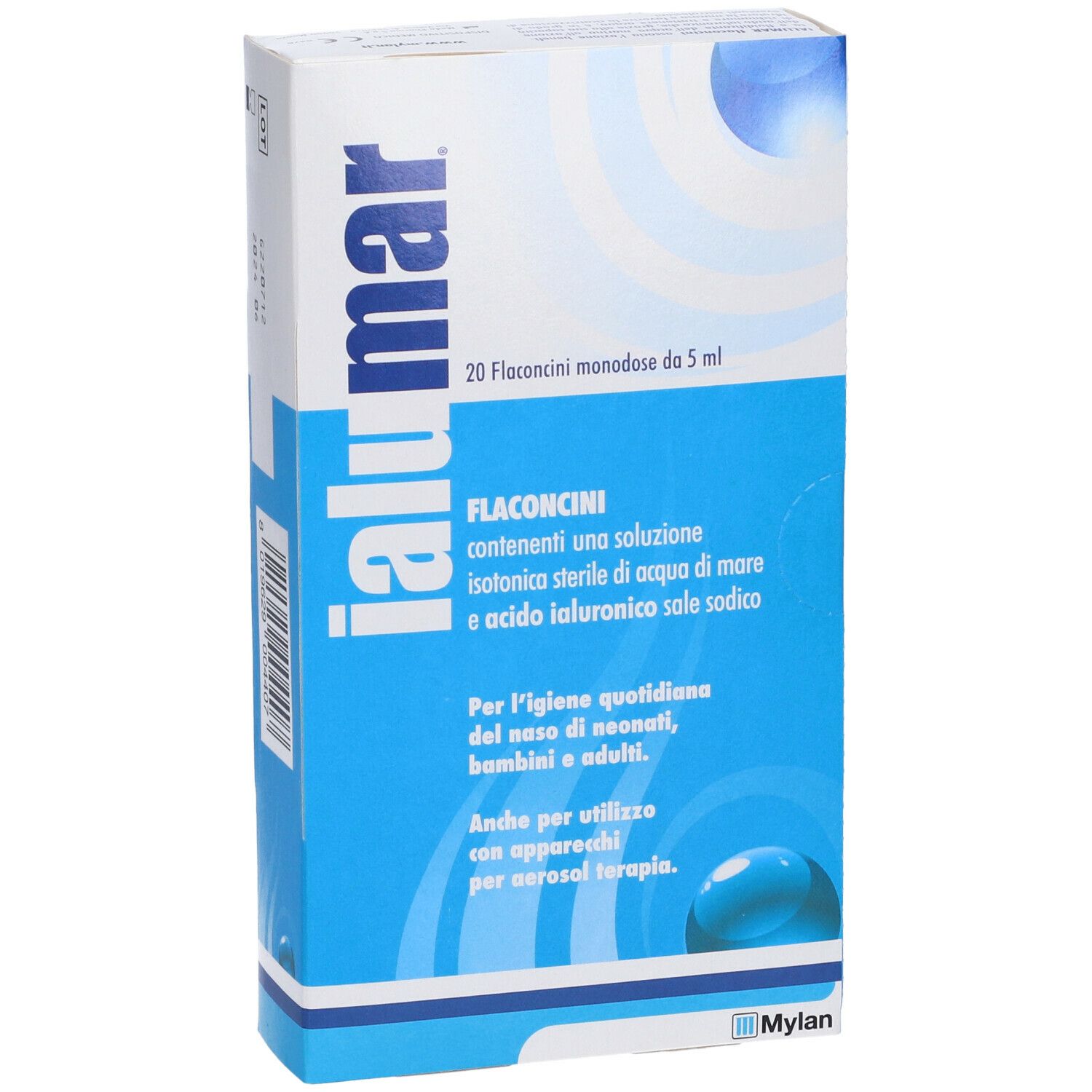 Vista frontale della scatola "ialumar". Contiene 20 flaconcini monodose. Confezione blu e bianca.