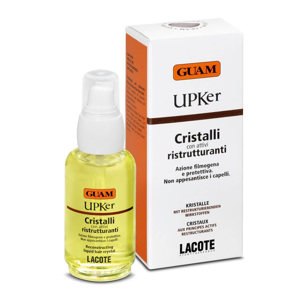 GUAM Upker Cristalli Ristrutturanti. Flacone e confezione. Scritta: Cristalli, con attivi ristrutturanti. Lacote.
